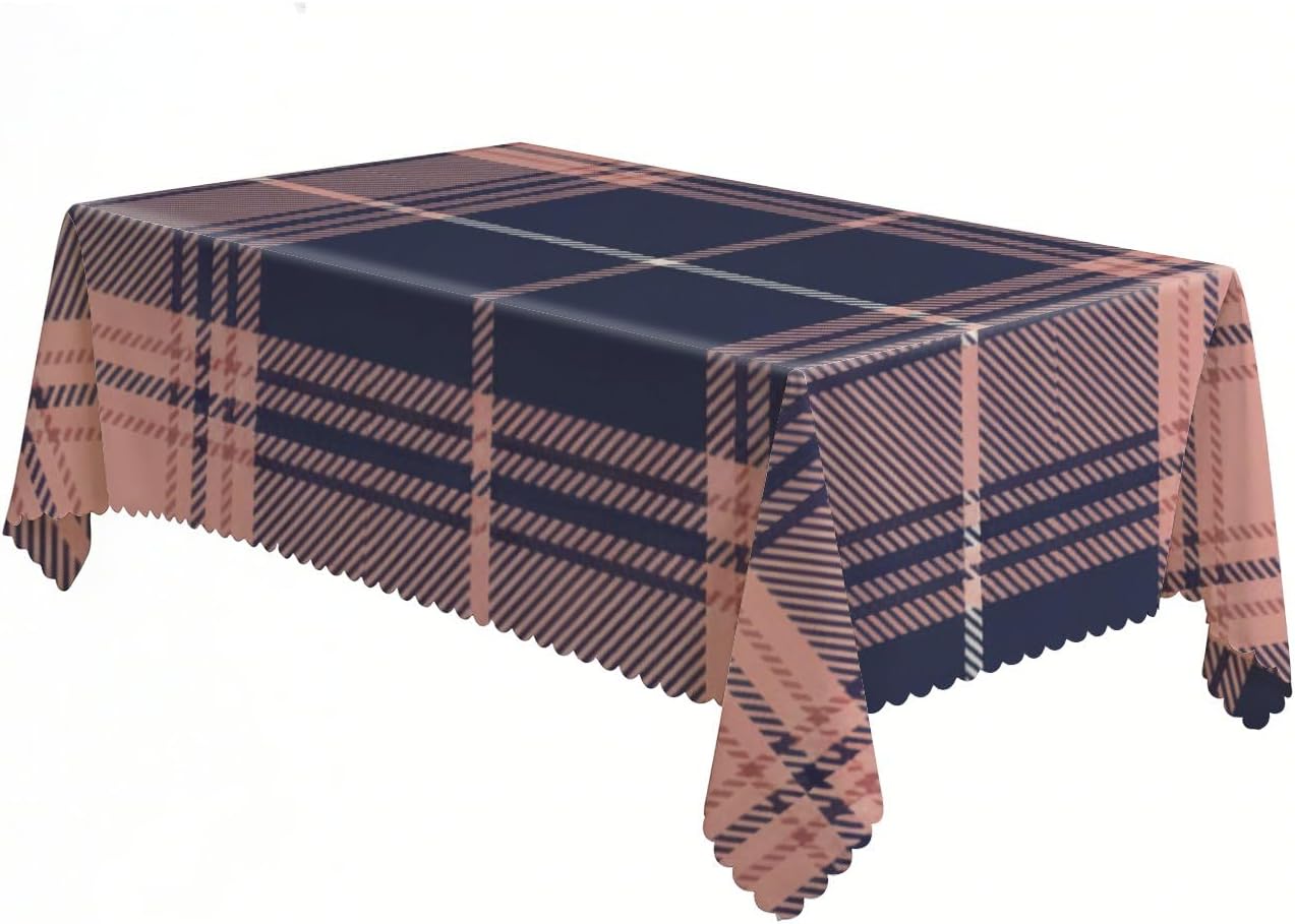 Navy Blue Pink Tartan Table Cover 55 × 70 Inch, Washable Western Kitchen Tablecloths Rectangular, Cowgirl Birthday Decorations Table Cloth Cute for Restaurant Happy Birthday Galentines Party Cover