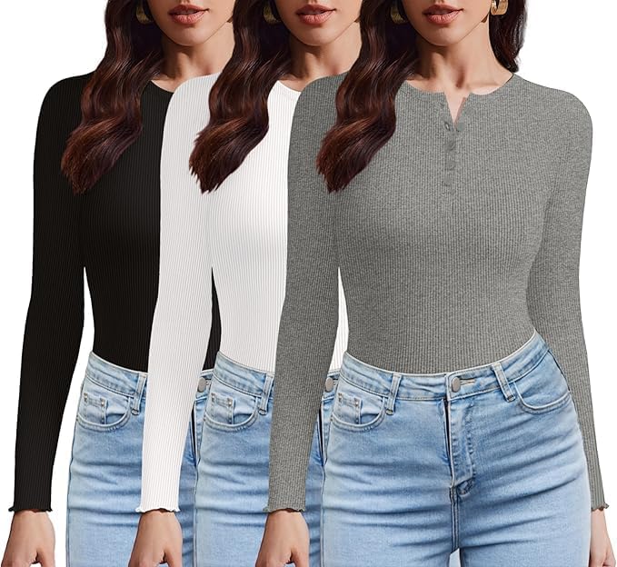 ELESOL Women's Long Sleeve Shirts 3 Packs Henley Button Down Tops Ribbed Slim Fit Base Layer Soft Thermal Tee