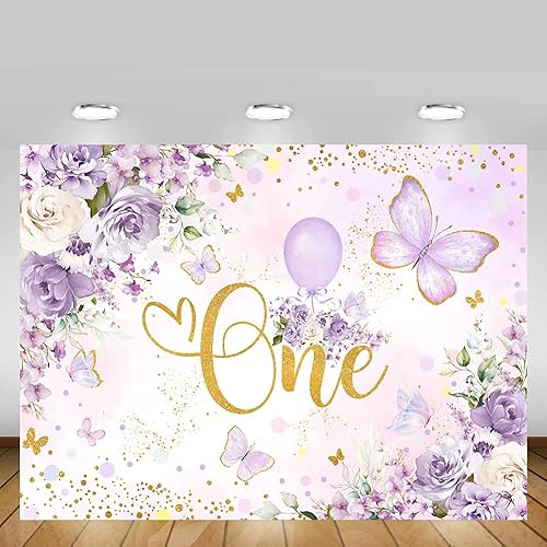 Miniatura 5 de MEHOFOND Telón de fondo de cumpleaños de un año para niñas de 7 x 5 pies, diseño floral morado, fondo de fotografía de Little Miss Onederful,