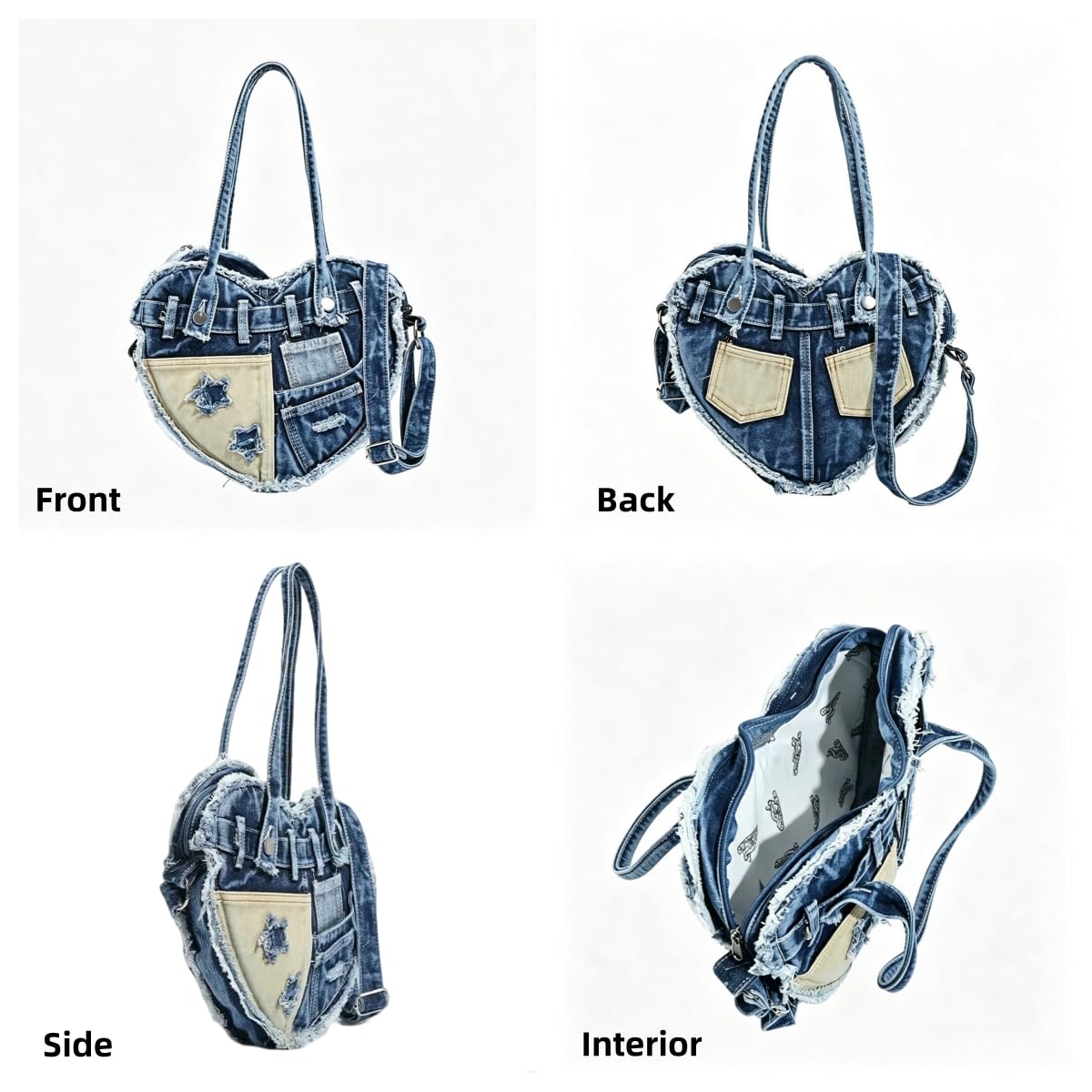 Borsa A Spalla Da Donna In Denim, Un'elegante Borsa Mano Forma Cuore Dal Sapore Rétro,Caratterizzata Design Patchwork Denim;Borsa Tracolla Stile Y2K, Perfetta Diverse Occasioni Casual