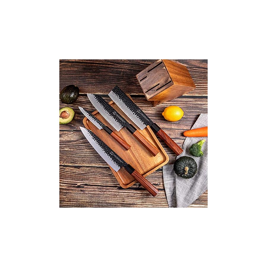 FAMCUTE-Japanese-Chef-Knife-Set-3-Layer-9CR18MOV-Clad-Steel-woctagon-Handle-and-Block-Wooden-Holder-for-4Piece-Kitchen-Knife-Set-8-Gyuto-Knife-7-Nakiri-Knife-7-Santoku-knife-5-Utility-knife FAMCÜTE Japanese Chef Knife Set, 5 Layer 9CR18MOV Clad Steel w/Rosewood Handle and Block Wooden Holder for 5 Pcs Kitchen Knife Set (8” Chef Knife, 7” Nakiri Knife, 7” Santoku knife, 5” Paring knife)