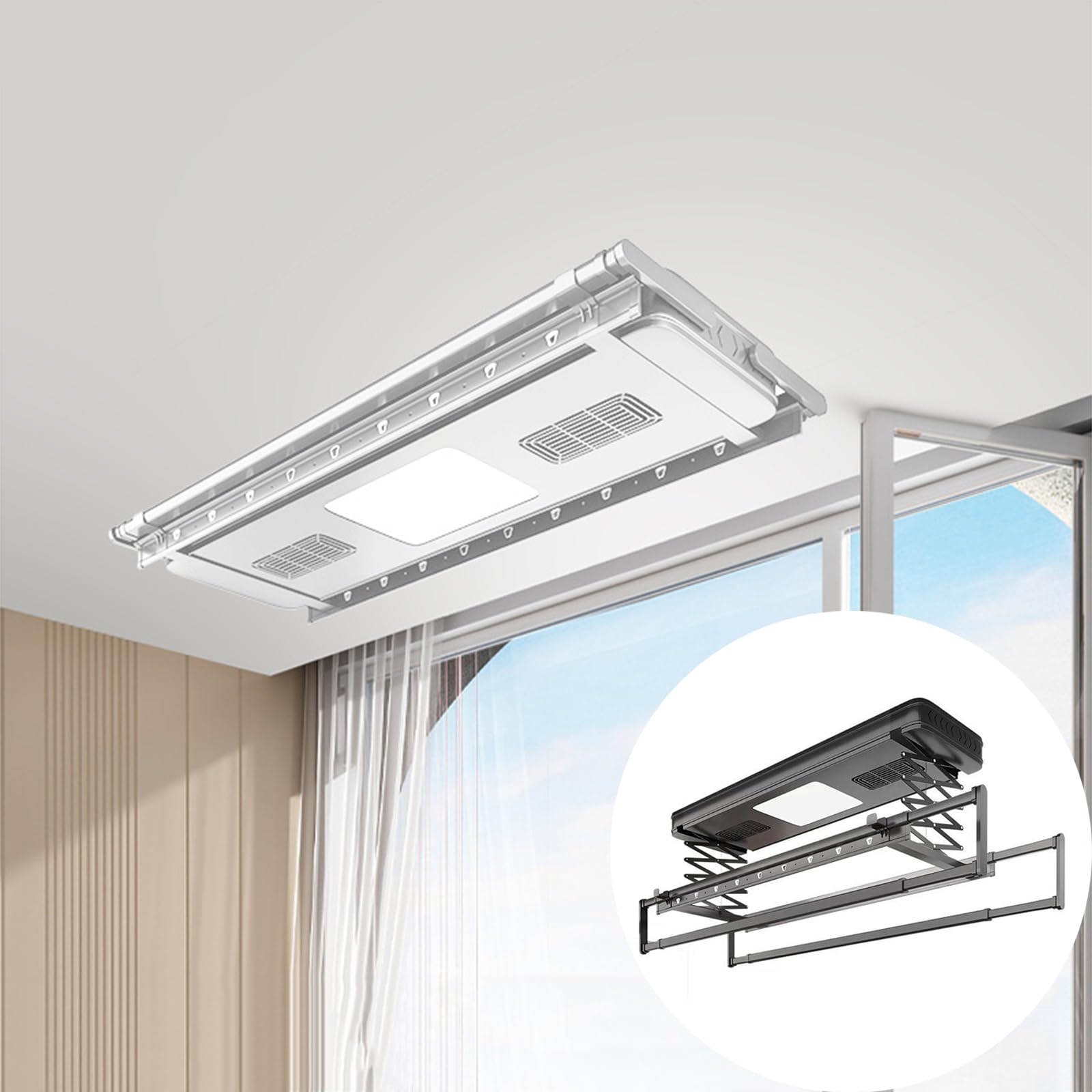 OLSKFUH Ceiling Mounted Clothesline Rack - Space-Saving Electric Drying Rack for Laundry Room - Durable Aluminium & Steel Wall & Ceiling Clothes Dryer,