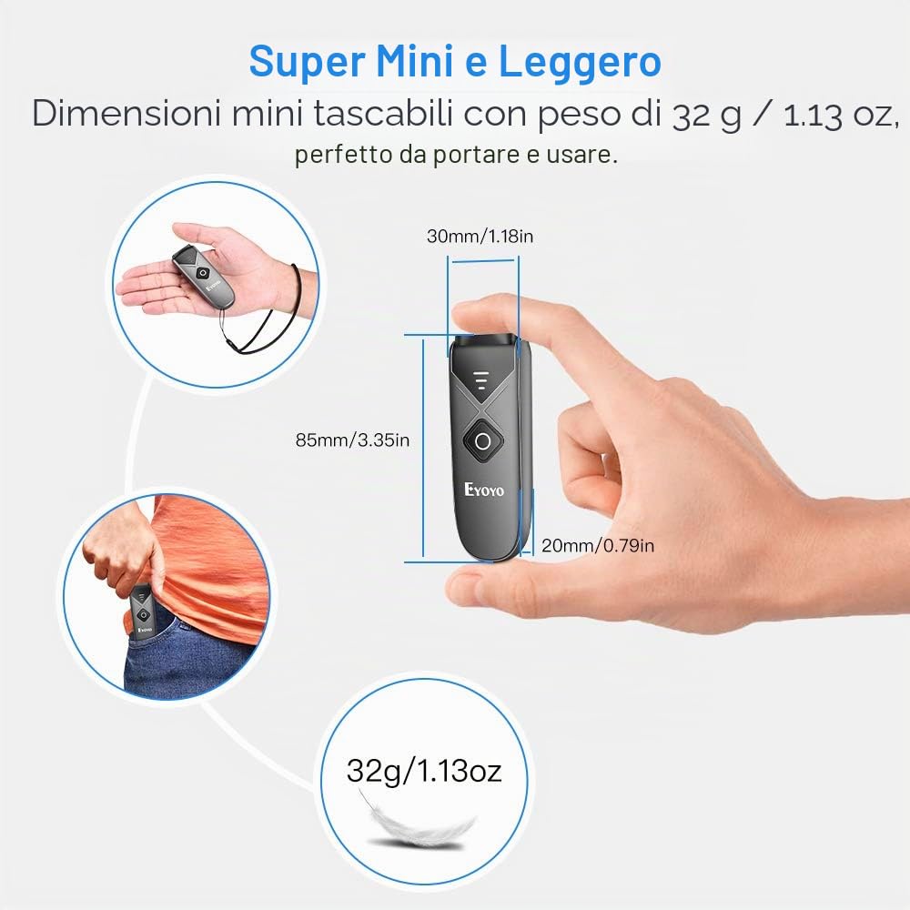 Eyoyo 2D Scanner di codici a barre Bluetooth, QR Lettore di codici a barre 1D USB 2.4G Wireless Data Matrix con manuale in spagnolo e inglese, pistola portatile per iOS, Android, tablet e PC