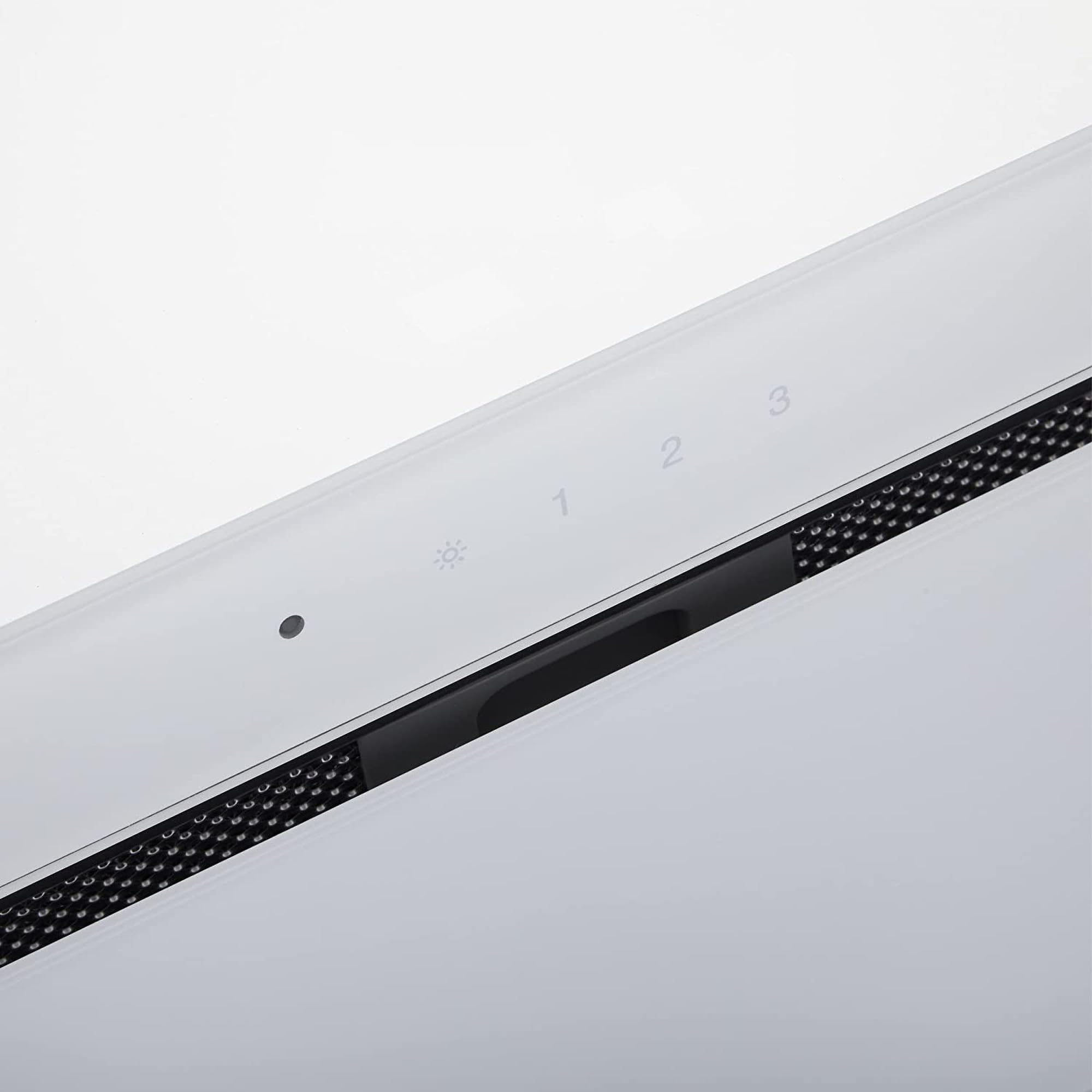 Gurari Cappa aspirante da incasso 217, in pietra ventilata, cappa da soffitto 70 cm, telaio e pannello frontale in vetro bianco, 3 livelli, 1000 m³/h, LED, 6 Watt, telecomando