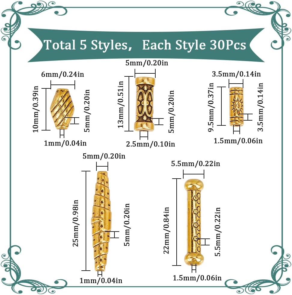 SUNNYCLUE 1 B0X 150Pcs 5 Styles Gold Tube Bead Tibetan Spacer Beads Alloy Metal Hollow Column Barrel Drum Long Hole Spacers Loose Beads for Jewelry Craft Making Necklace Bracelet Earrings Beginners - Image 2