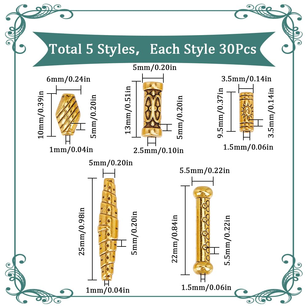 Lot De 120 Perles Tubulaires Métal Doré - 14 Styles Différents, Alliage Antique Tibétain - Pour Fabrication Bijoux DIY