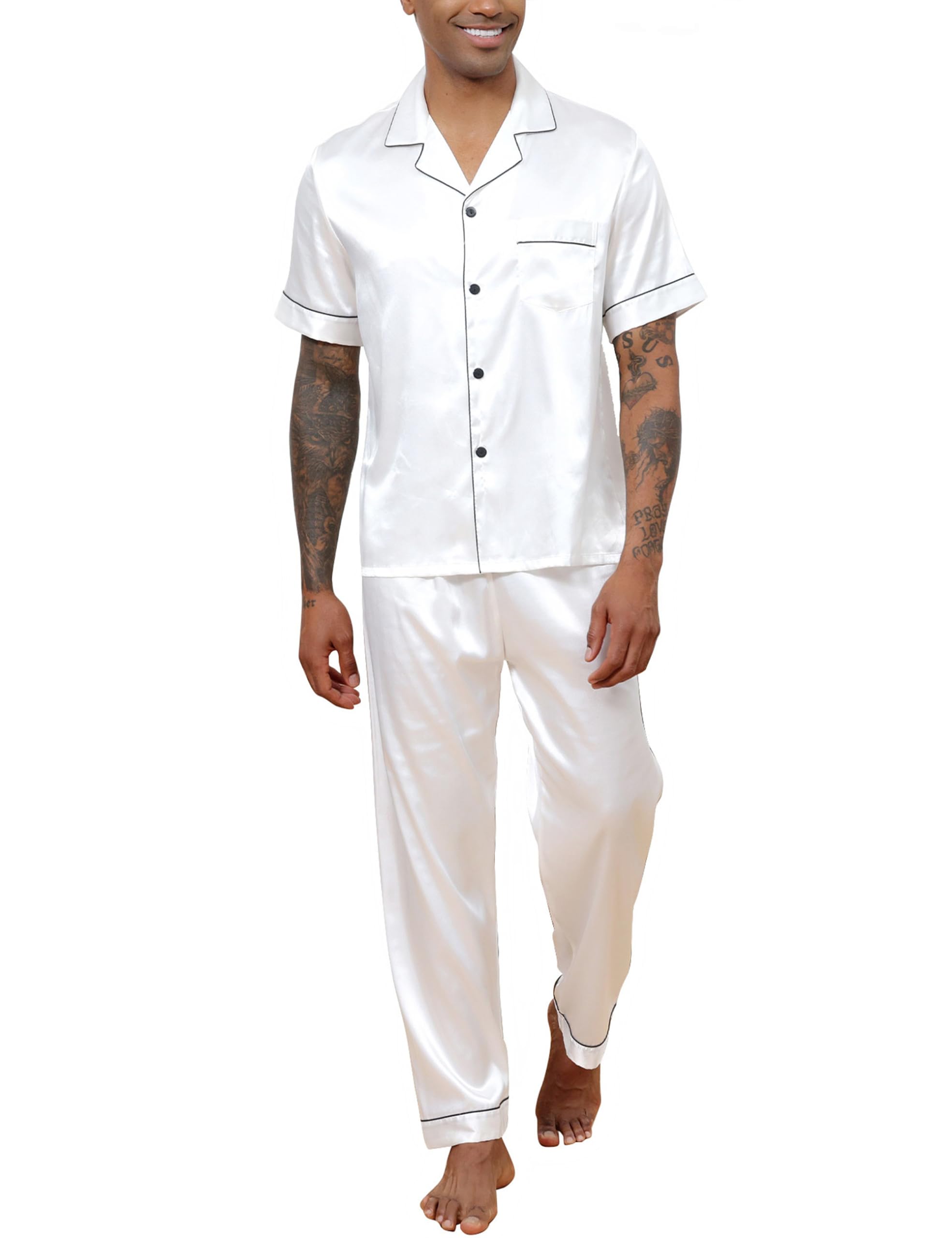 GAESHOW Mens Silk Pajama Set, Short Sleeve Silk Satin Pajamas for Men Soft Mens Loungewear Sets 2 Piece Button Down Pjs Set