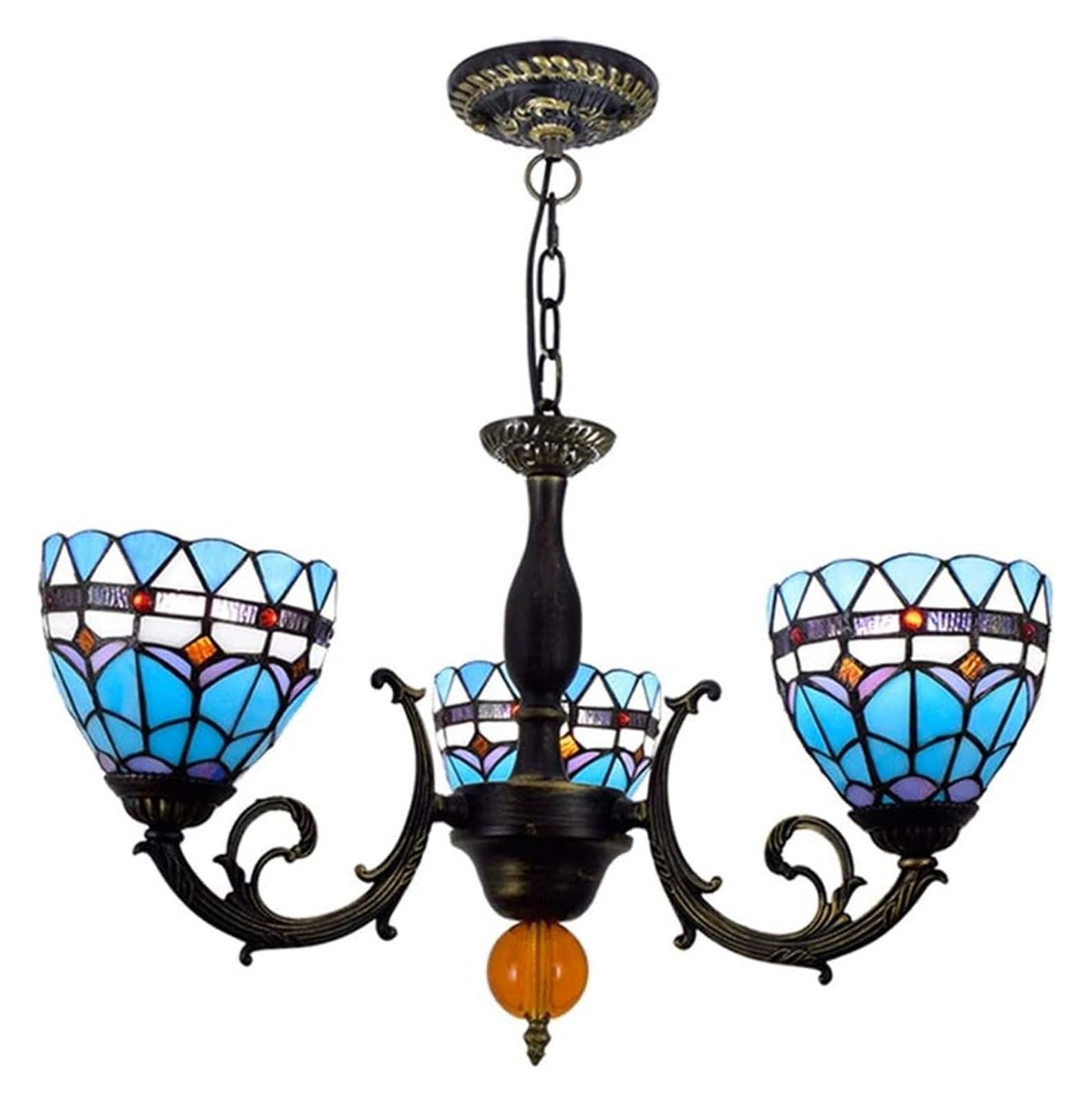HPTHLY Ceiling Lamp Ceiling Pendant Light Fixture 6 Inches Tiffany Style Stained Glass Mediterranean Lamp Shades 3 Arms Chandelier With Inverted Ceiling Pendant Lamp