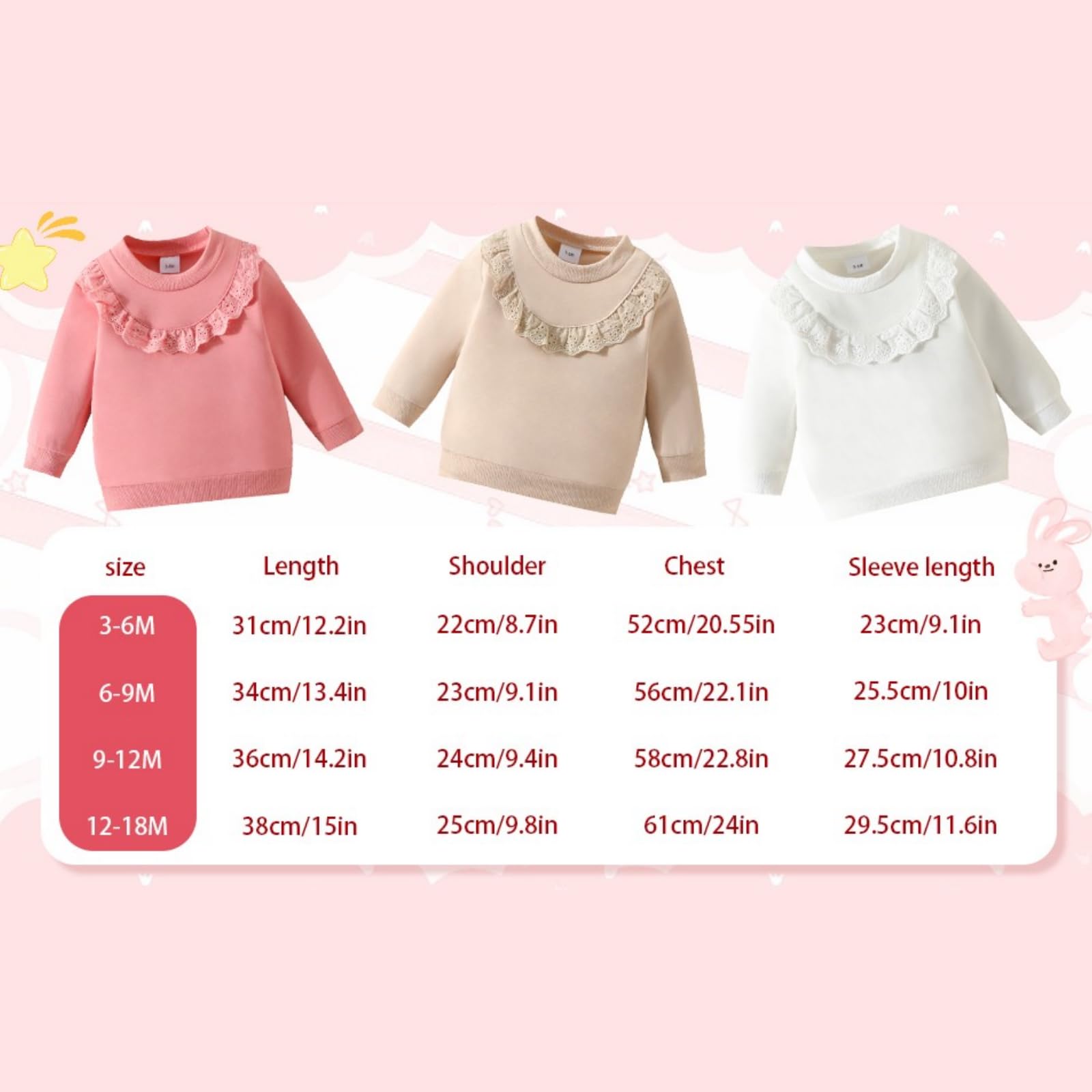 Yanmucy Sweatshirt pour Bébés Filles Vêtements Coton à Volants et Dentelle Sweatshirts Crewneck à Manches Longues Jumper Top Décontracté (FR/ES, Âge, 12 Mois, 18 Mois, Beige)