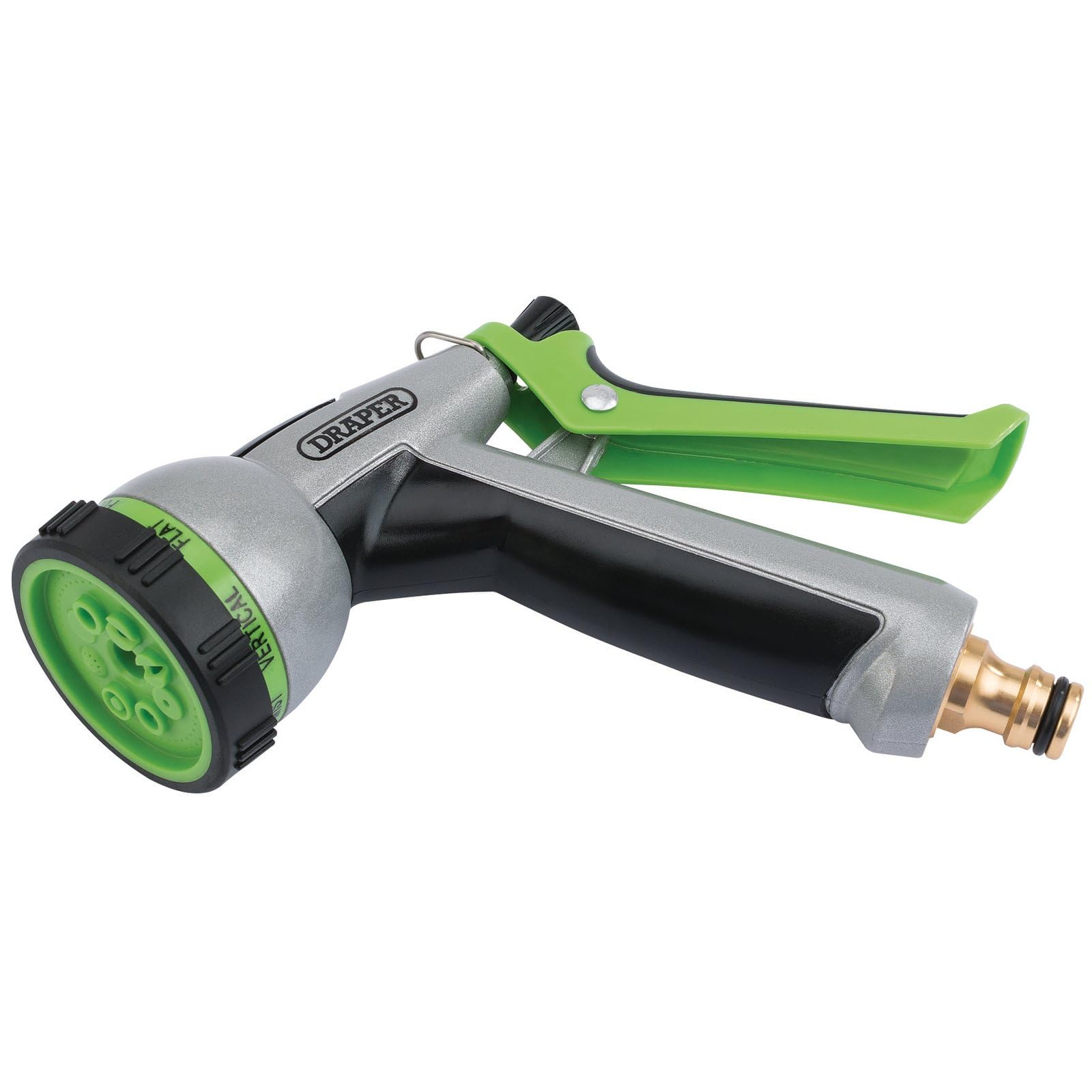 Draper Green And Black 8 Pattern Hose Pipe Spray Gun | 8 Mode Garden Hose Nozzle | Watering Tool Sprayer | Lockable Trigger | Universal Connector | 01068