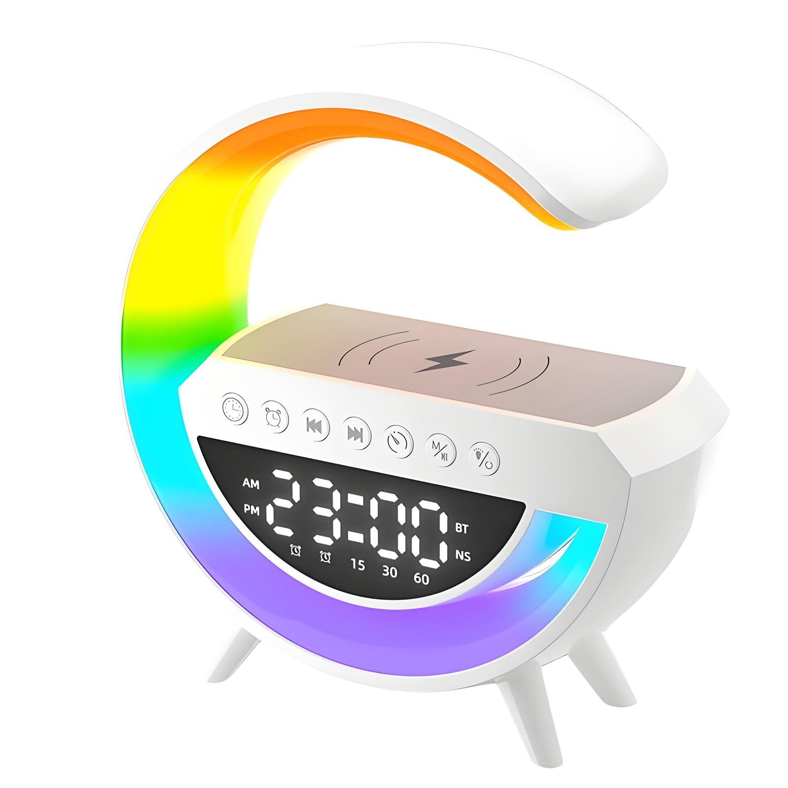 Denash Night Light Lamp with Bluetooth Speaker, G-Shaped Bedroom Bedside Mood Atmosphere Lamp, Multifuncional Portable Speaker with Alarm, Phone Wireless Charger for Home, Party, Travel