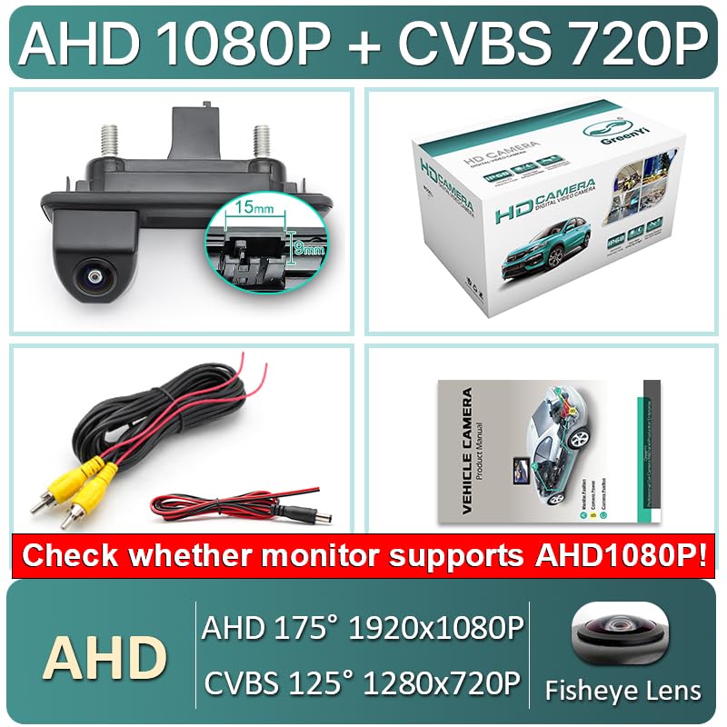 AHD 1080P Rückfahrkamera für Skoda Superb Yeti Fabia Octavia Audi A1, 170 Grad Fischaugen Objektiv Auto-Rückfahrkamera mit Kofferraumgriff IP69K wasserdicht