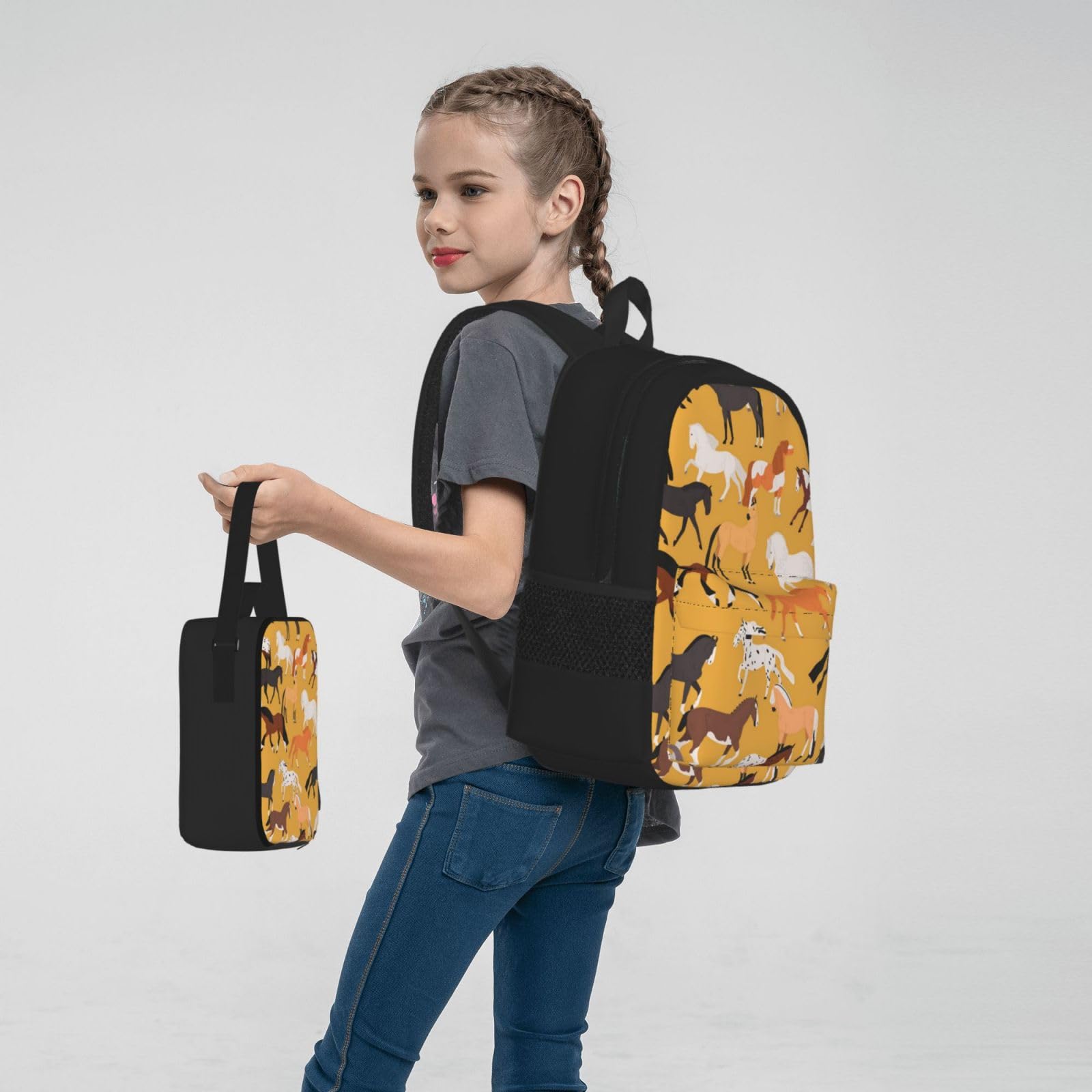 YSOLDA Juego de mochila, mochila escolar, mochila, juego de 3 piezas con bolsa de almuerzo, estuche para lápices,Varios tipos de caballos