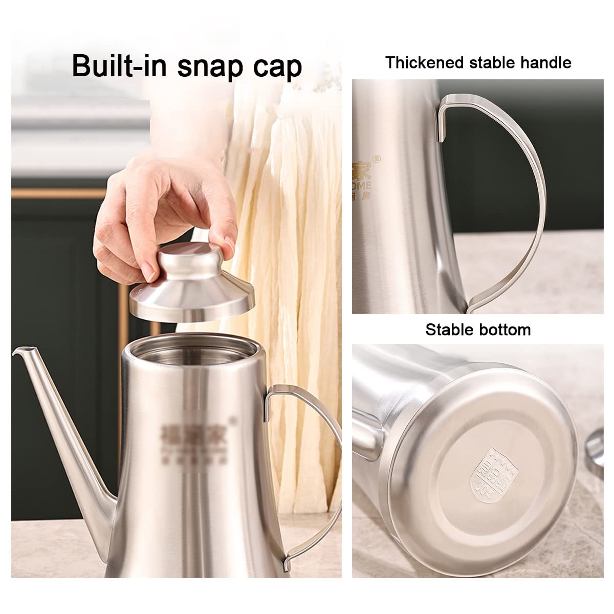 Dispenser per olio d'oliva con coperchio antipolvere, ampolla per aceto in acciaio inox con filtro e beccuccio antigoccia per cucinare e servire comodamente
