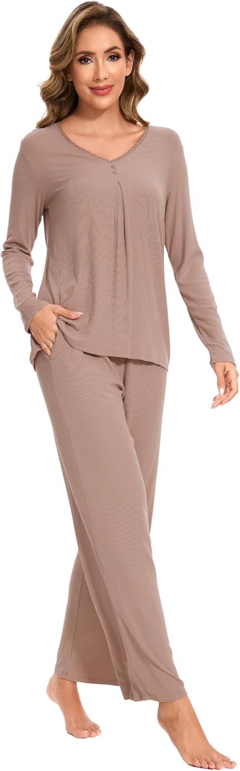 GYS Womens Pajama Sets Viscose from Bamboo Long Sleeve Pleated Tops and Lounge Pants with Pockets Soft Knit Sleepwear Pjs - Image 4