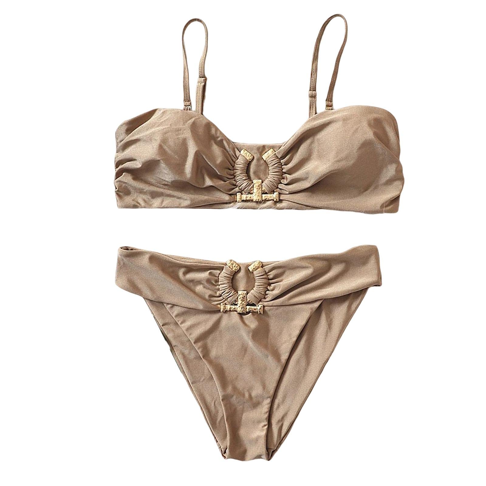 Women Bikini Set Swimsuit Swimwear Bathing Suit Tankini High Waist Thong S Light Brown-image-12