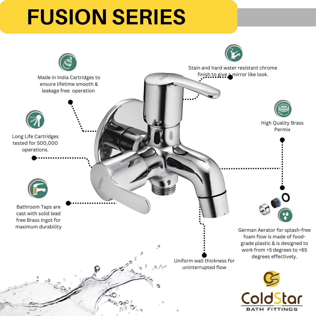 Cold Star® Fusion Brass 2 in 1 Bib Cock Taps with Flanch (Silver