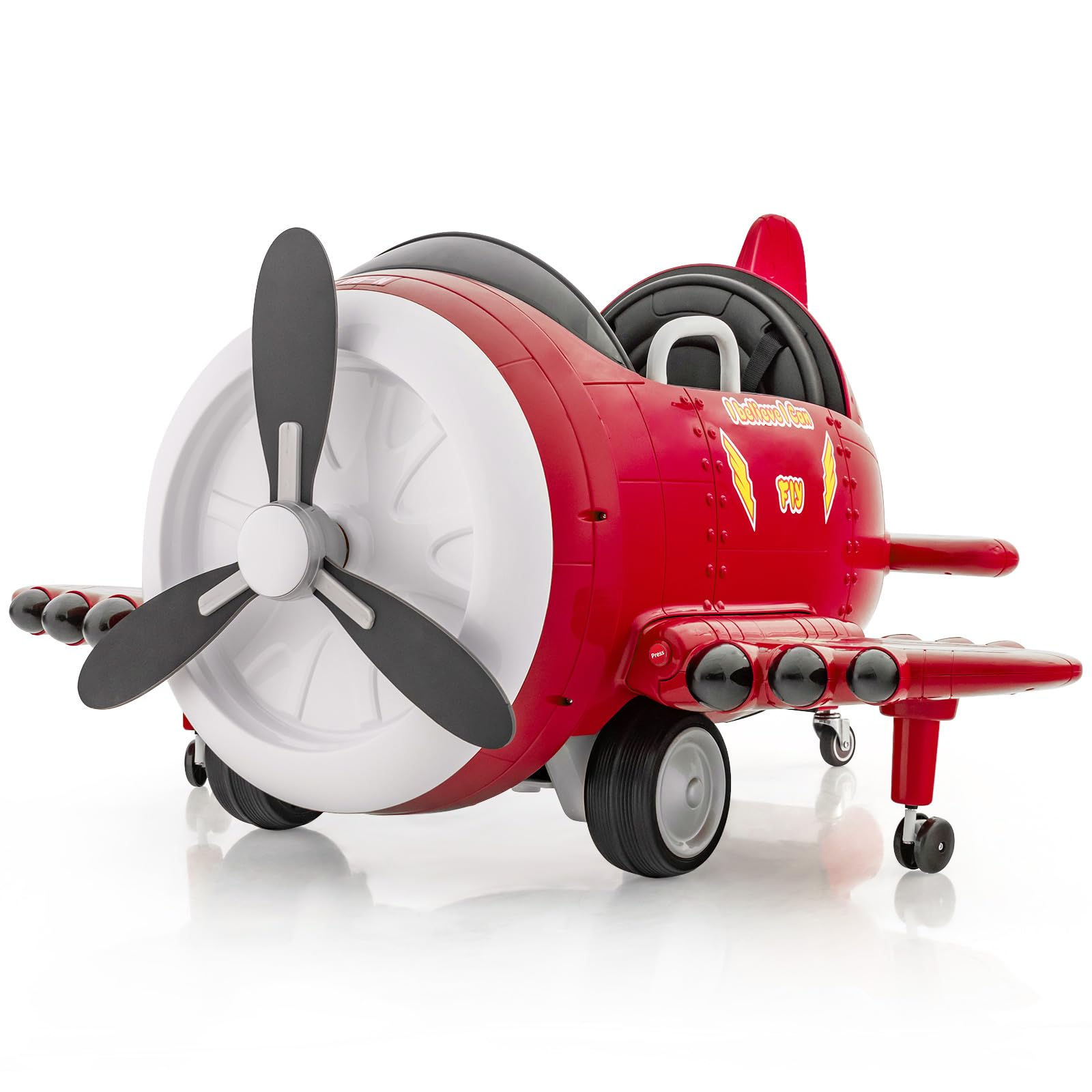 GYMAX Kids Ride on Car, 12V Battery Powered Car with Remote Control, Joysticks, Folding Airfoils, Rotary Propeller, Sounds, Music, USB & Wireless, Electric Airplane Toy for Boys Girls (Red + White)