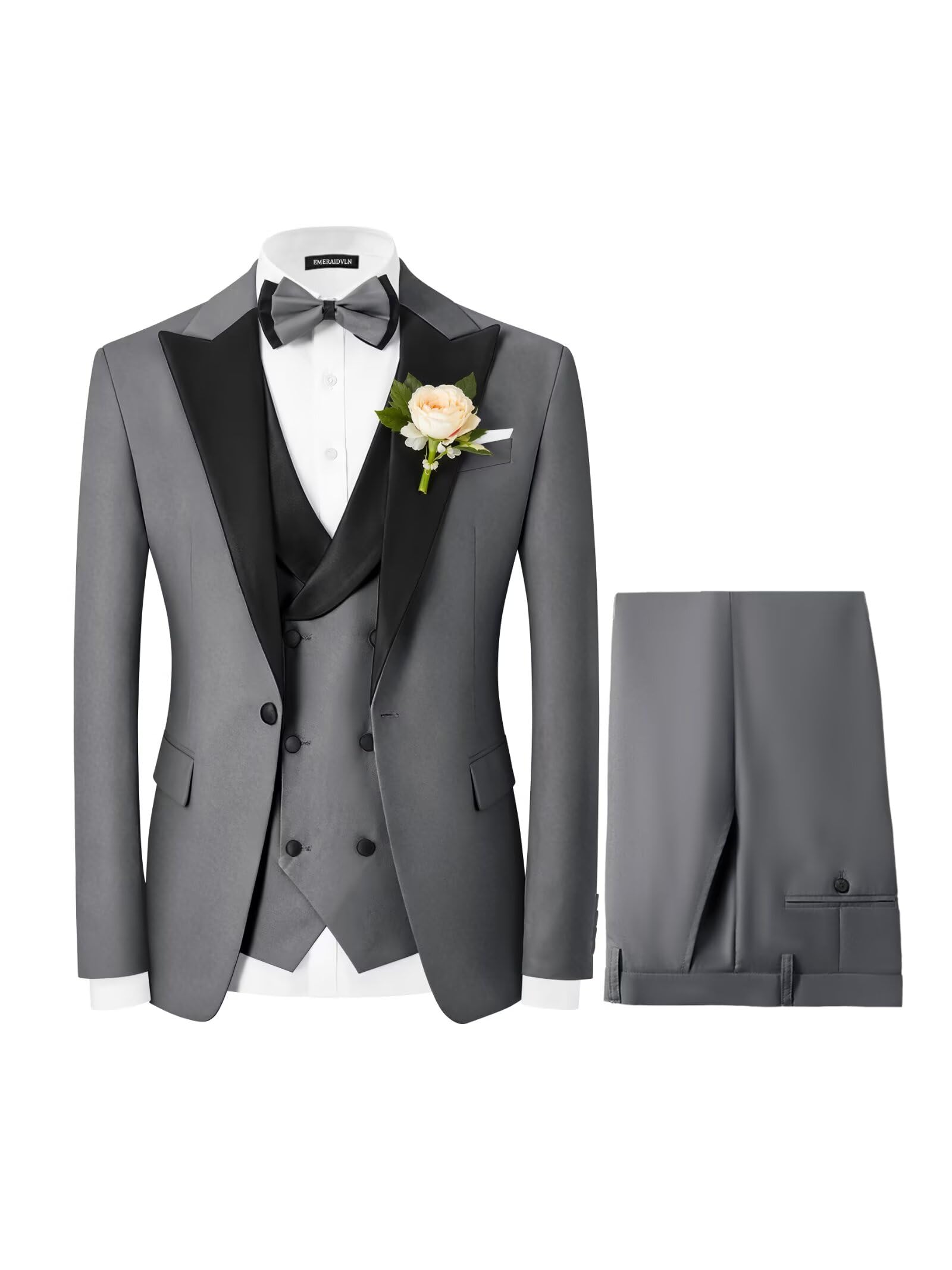 EMERAIDVLN Mens Tuxedo Suit Set 3 Piece Peak Lapel One Button Jacket Vest and Pants with Bow Tie