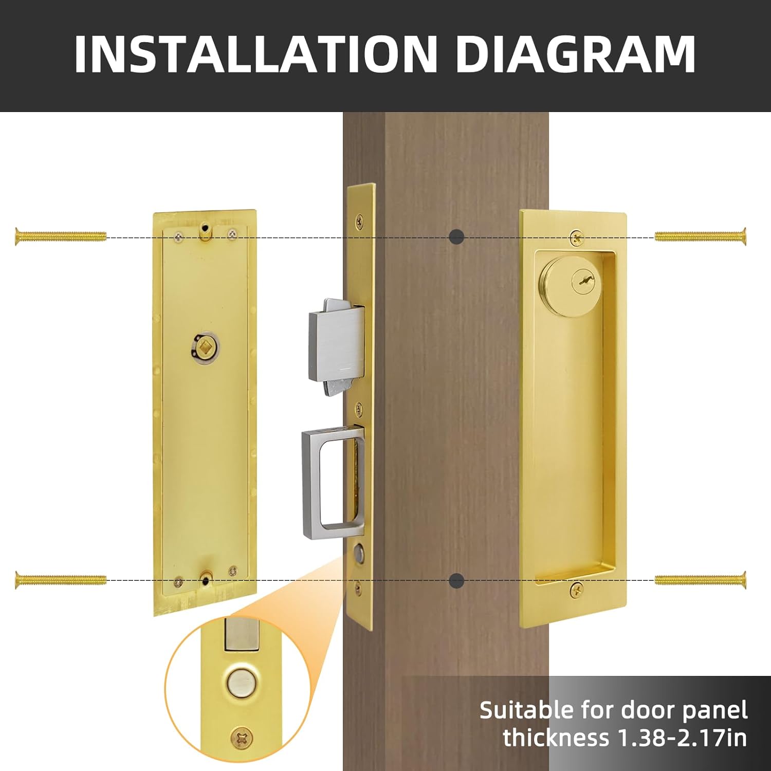 Pocket Door Lock,Modern Rectangular Pocket Door Hardware, Finger Flush Pulls with Edge Pull for Pocket Doors, Sliding Doors,Folding Doors etc (Gold, Keyed Lock)
