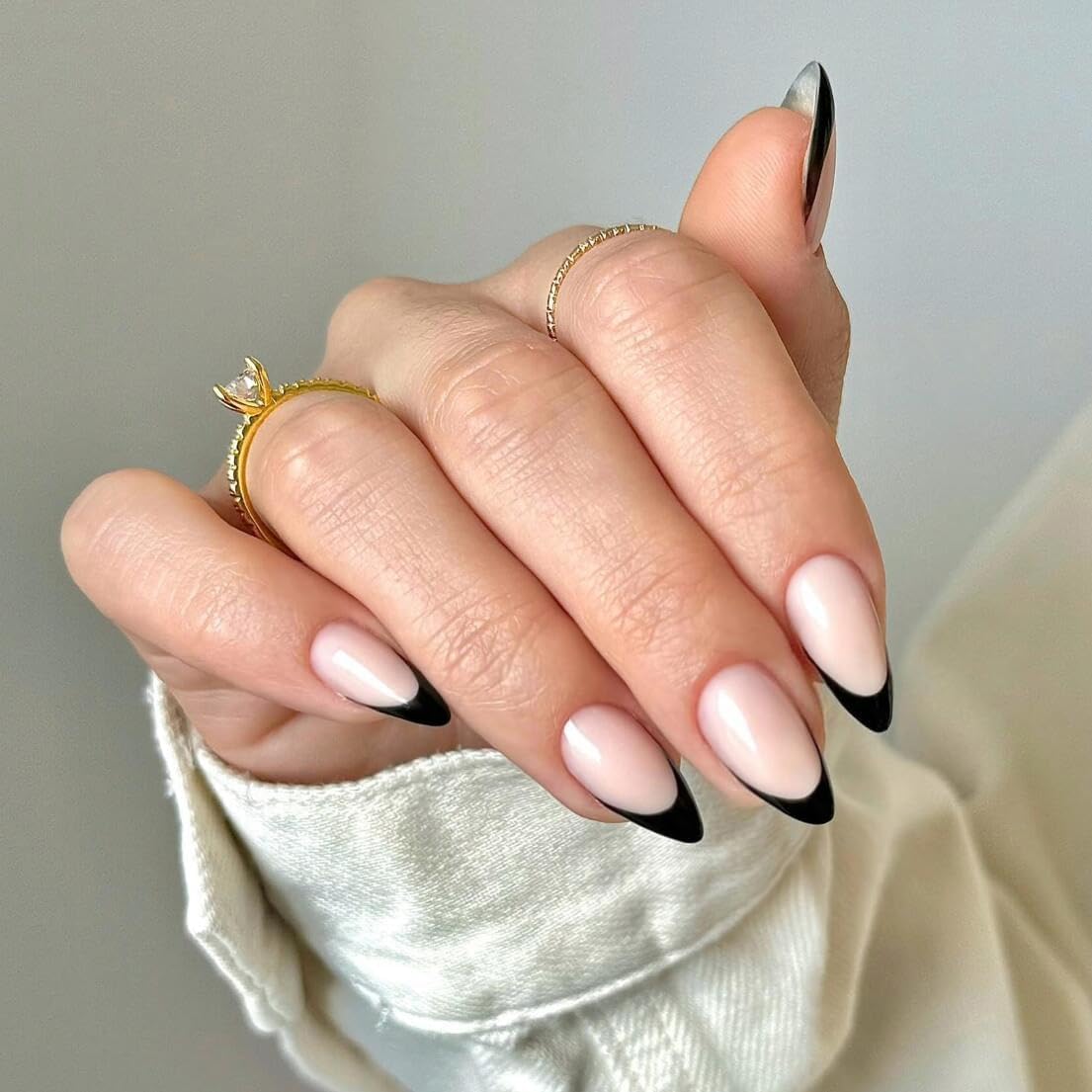 SXVME 30 Pcs Acrylic Press on Nails Short Almond, Black French Tip False Nails Short Pointed Stiletto - Image 2