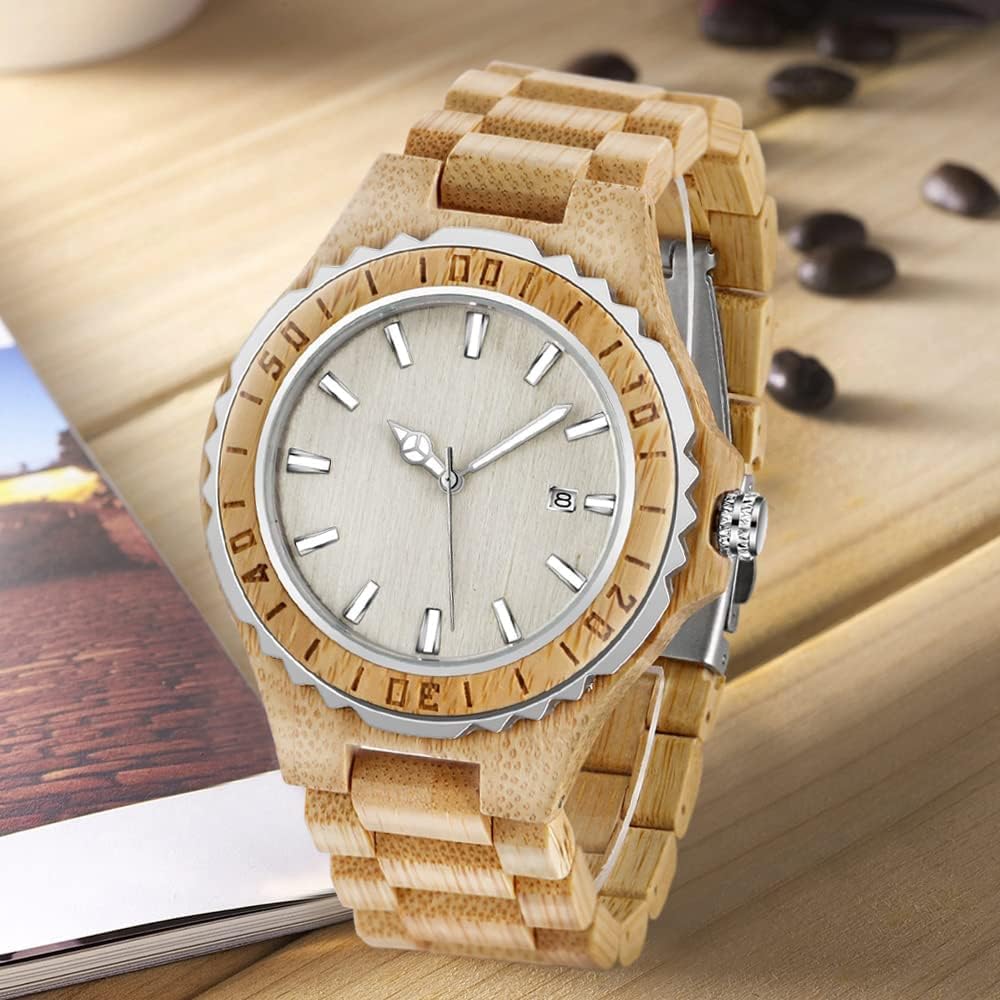 Tiong Brand Wooden Watches Mens with Handmade Colorful Bamboo Wood Watch Analog Date Quartz Wooden Watch for Men