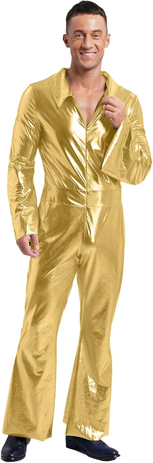 Mens One Piece Disco Jumpsuit 70's 80's Hippies Dance Costumes Music Party Holographic Rompers