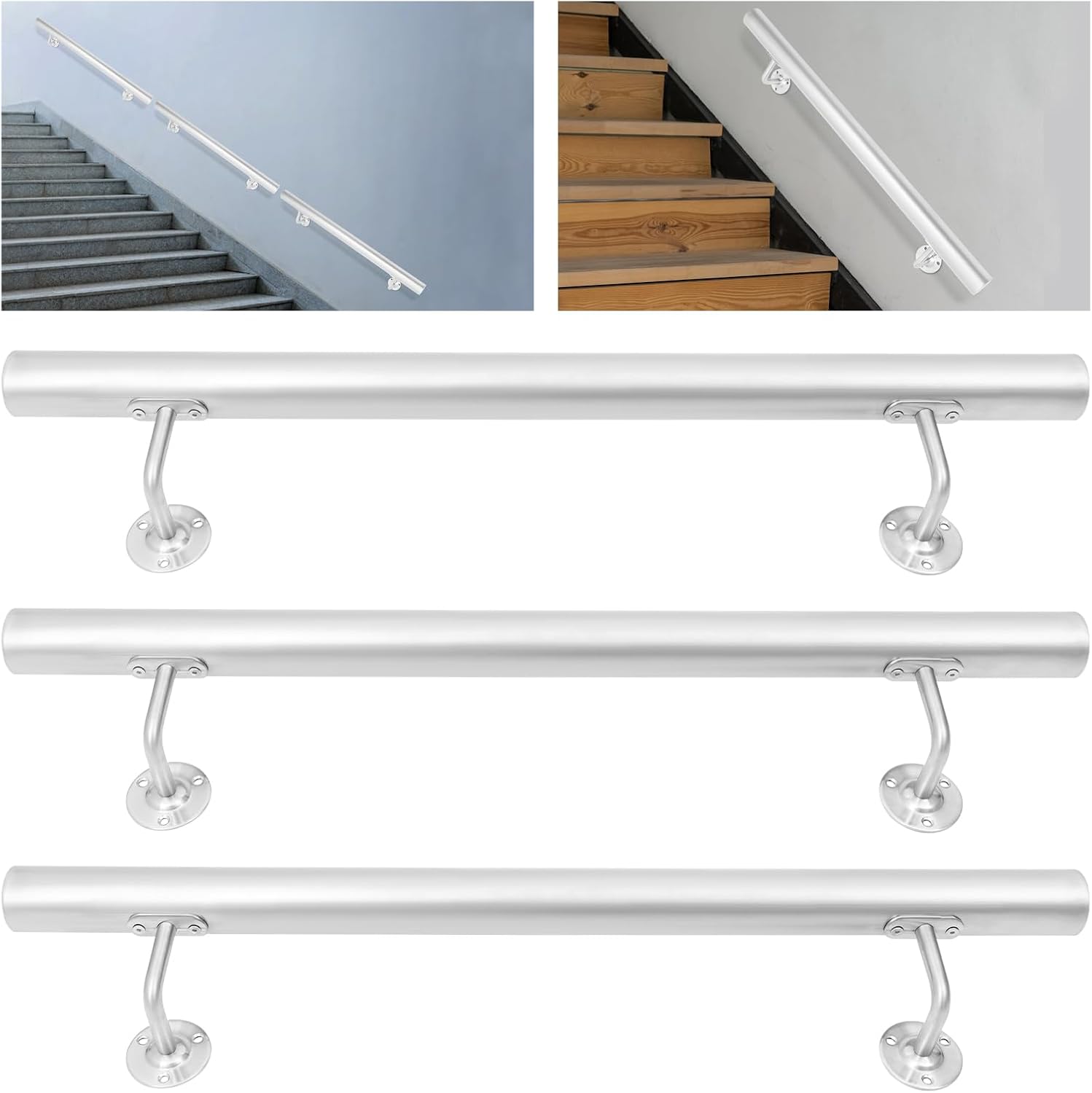 Stair Railing Kit, Stainless Steel Handrail, 8FT Indoor Outdoor Steps Hand Railing, Wall Mounted Metal Hand Rail for Home Office Public Staircase Safety Support (Silver, 8FT)