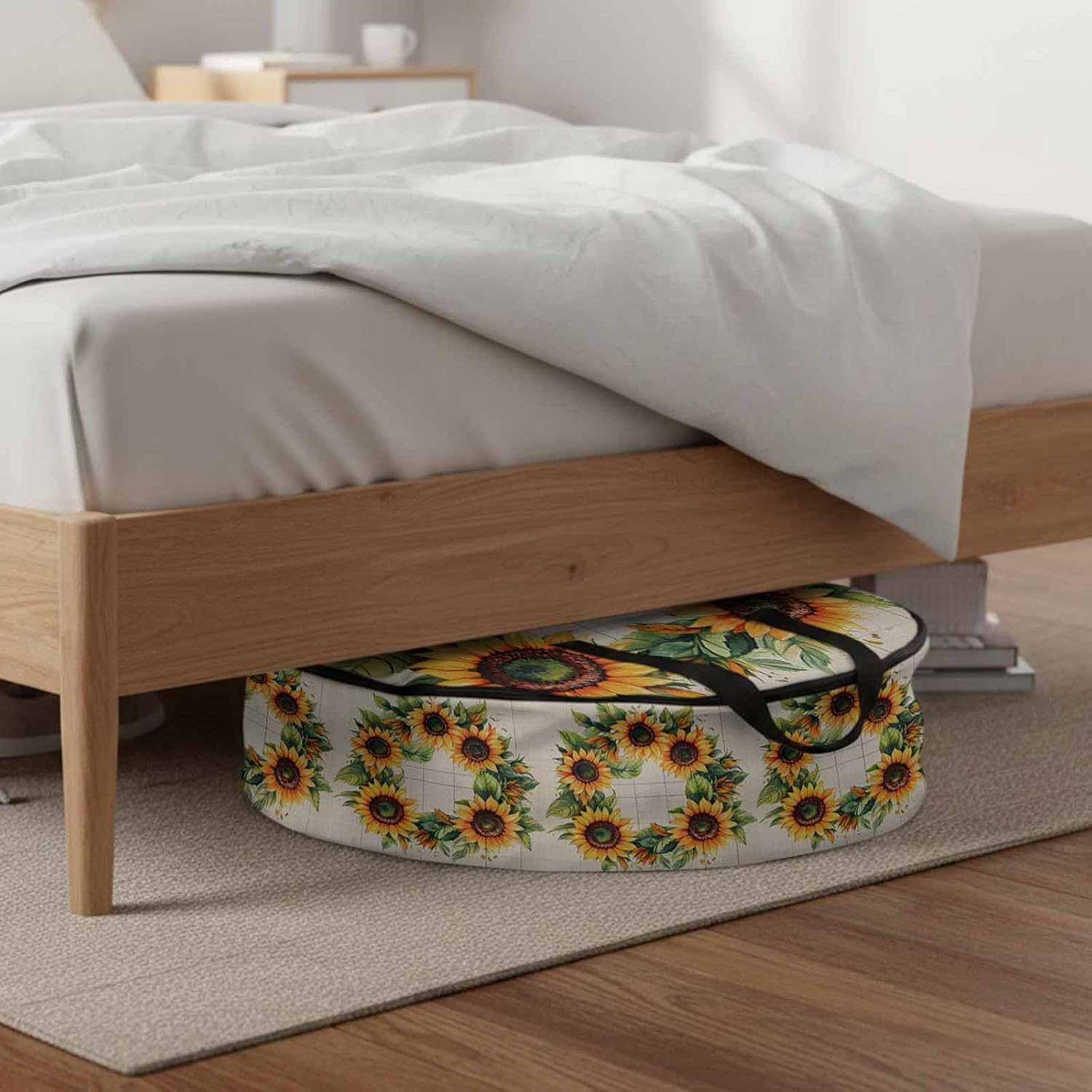 Spring Sunflower Wreath Round Storage Bag 30 Inch, Watercolor Floral Linen Texture Clothes Storage Container with Handles Heavy Duty Organizer for Comforter, Bedding & Holiday Wreaths