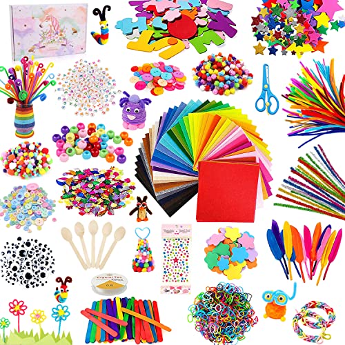 TOLOYE Kit Manualidades para Niñas, 1800+PCS Manualidades Niños 5 6 7 8 Años, Juego Manualidades Material con Limpiadores de Pipa, Pompoms, Perlas, Colores Gomas Elásticas Plásticas para Niñas Regalo