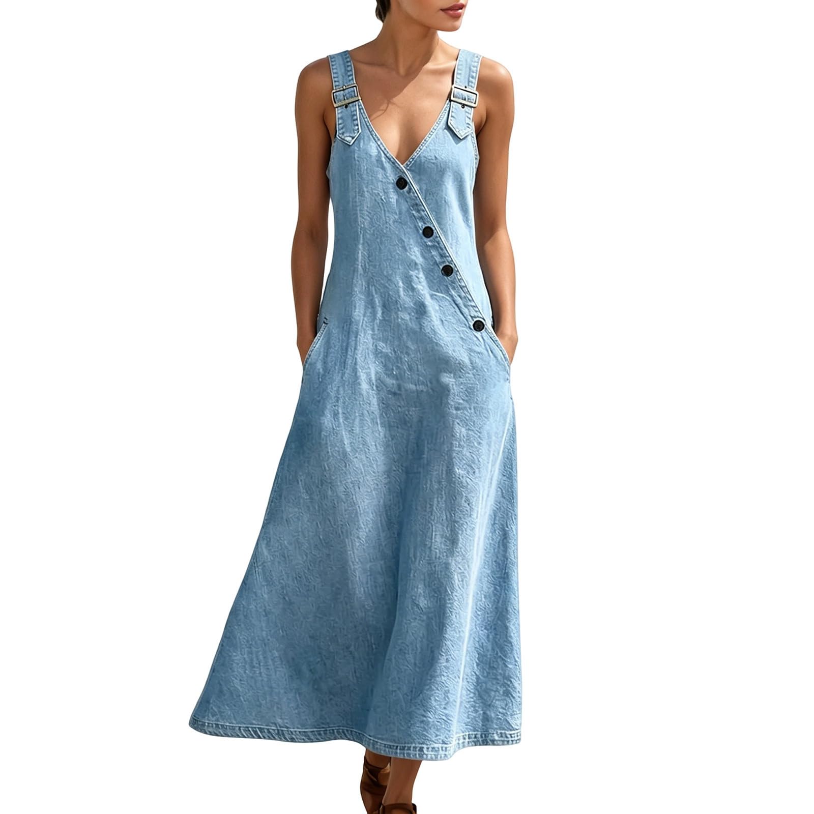 Vestido vaquero con cuello en V para mujer, tira de botones, sexy, largo, con ranura, elegante, sin mangas, maxi vestido vaquero, vestido de verano, vestido de playa, vestido de camiseta