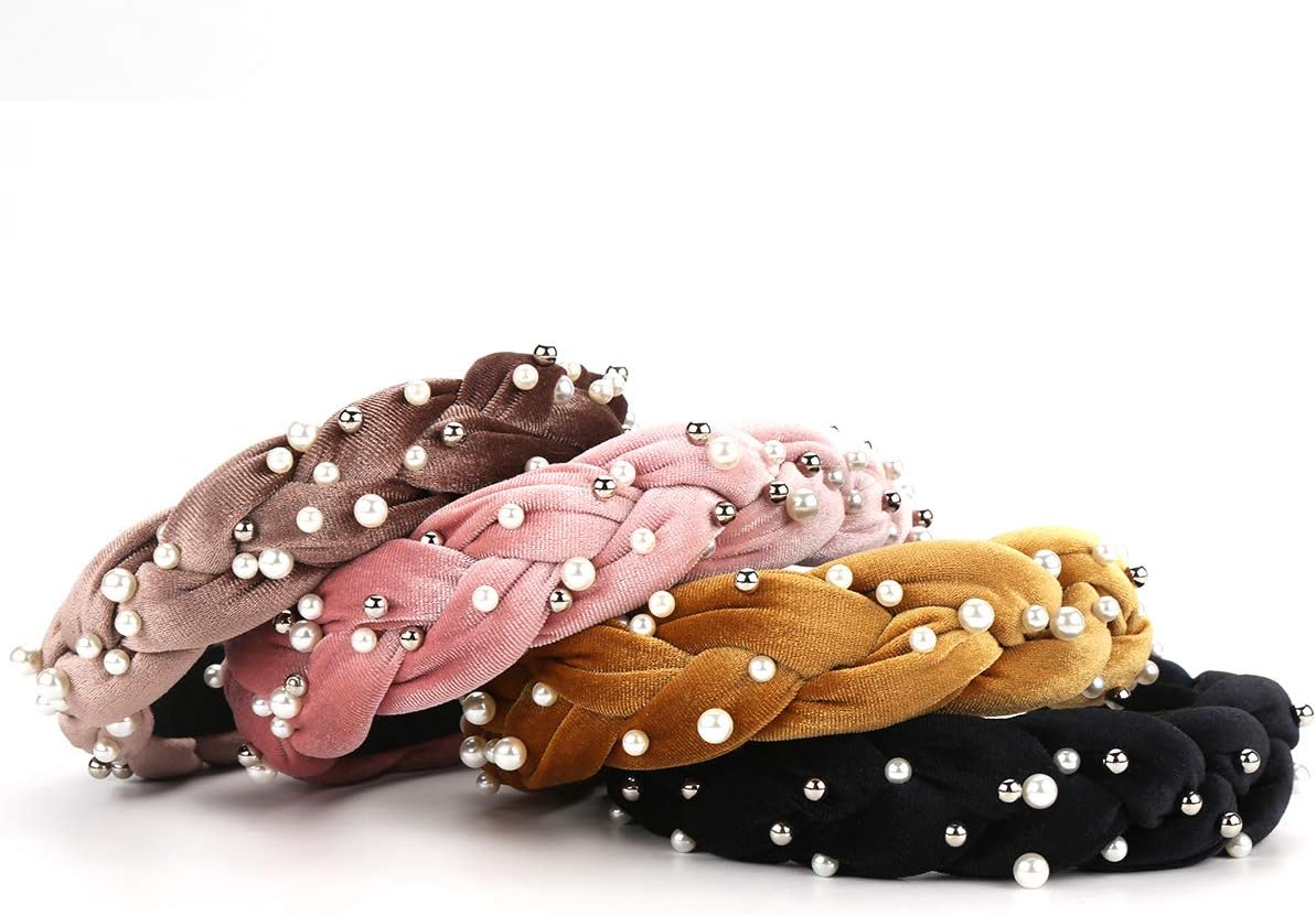 Makone 4 Pieces Velvet Faux Pearl Headband Cross Beading Hair Bands Twisted Artificial Pearl Velvet Headbands for Girls Women Hair Accessories