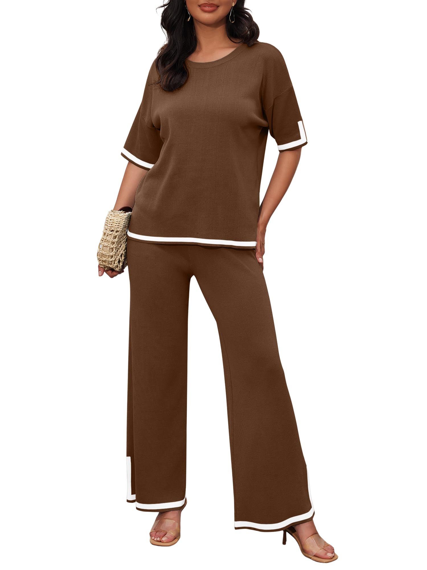 Two Piece Sets for Women with Crew Neck Wide Leg Pants Piece Lounge Sets  Short Sleeve Knit Loungewear Sets