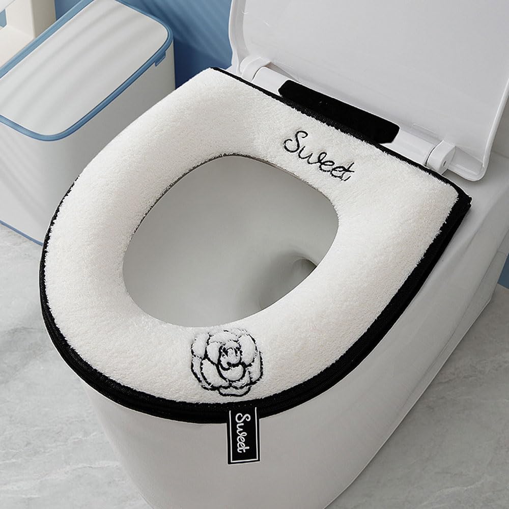 Fashion Zippered Warm Cushioned Toilet Seat Cover,Washable,Reusable Comfortable Universal Toilet Seat Cushion (White)