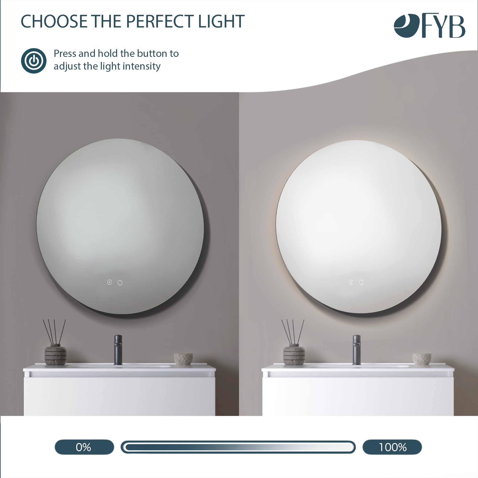 Espejo de Baño Redondo Ø80 cm con Luz LED Regulable, Antivaho, Interruptor Táctil