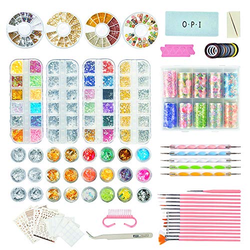 Nail Art Decoration Kit, 4 Boxes Nail Rhinestones 24 Pots Nail Flakes, Nail Art Supplies with Nail Gems, Pearls, Sequins, Studs, Glitter, Tapes, Full Acrylic Nail Tools, for DIY Nail Art Home Salon