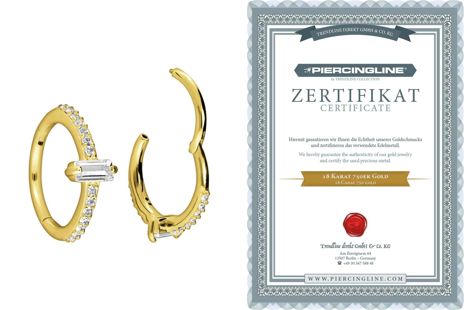 PIERCINGLINE 18 Karat Gold Piercing für Nase, Septum, Ohr, Helix oder Tragus Segmentring Clicker KRISTALLRECHTECK + EINGEFASSTE Kristalle