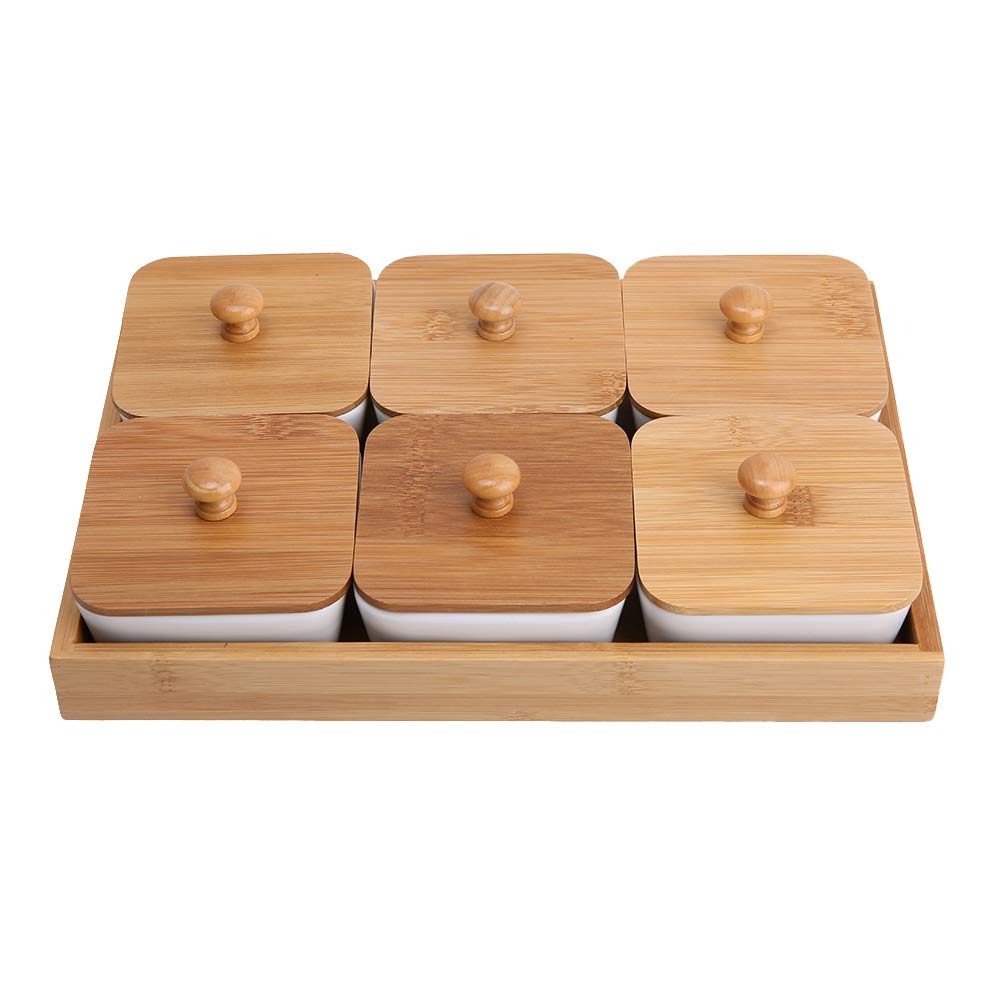 Piatto da portata in ceramica con coperchio in bambù per frutta, noci, dessert, condimenti, perfetto per servire antipasti, noci, caramelle, snack, vassoio a 6 scomparti