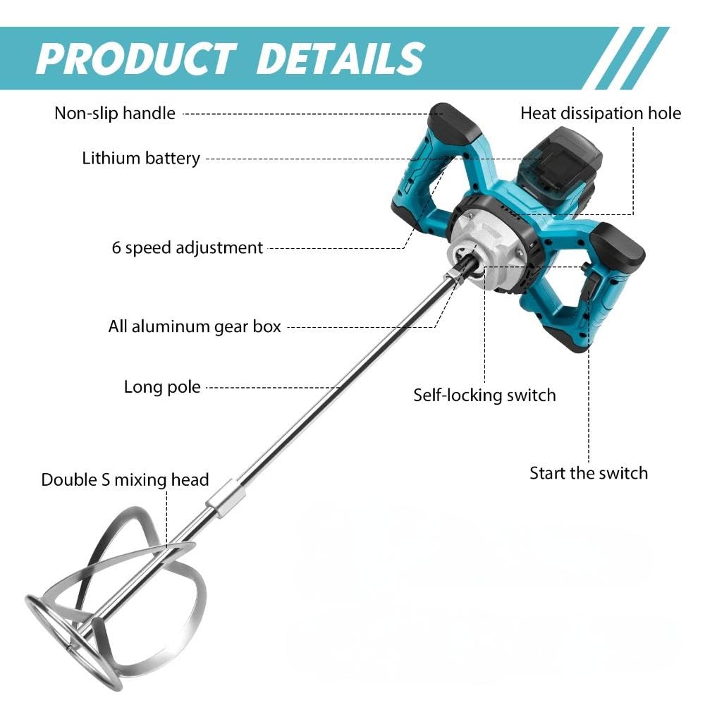 Agitatore per malta a batteria, compatibile con batteria Makita, 3200 W, multiuso, mixer per calcestruzzo senza brushless con aste di miscelazione, testa di miscelazione, chiavi e guanti (max 680 giri