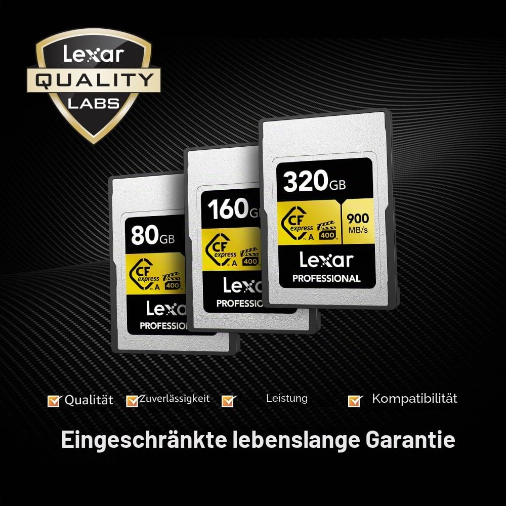 Lexar Professionelle CFexpress Typ A Gold Series Speicherkarte, 320 GB, bis zu 900 MB/s lesen, 8K-Video in Kinoqualität, bewertet VPG 400 (LCAGOLD320G-RNENG)
