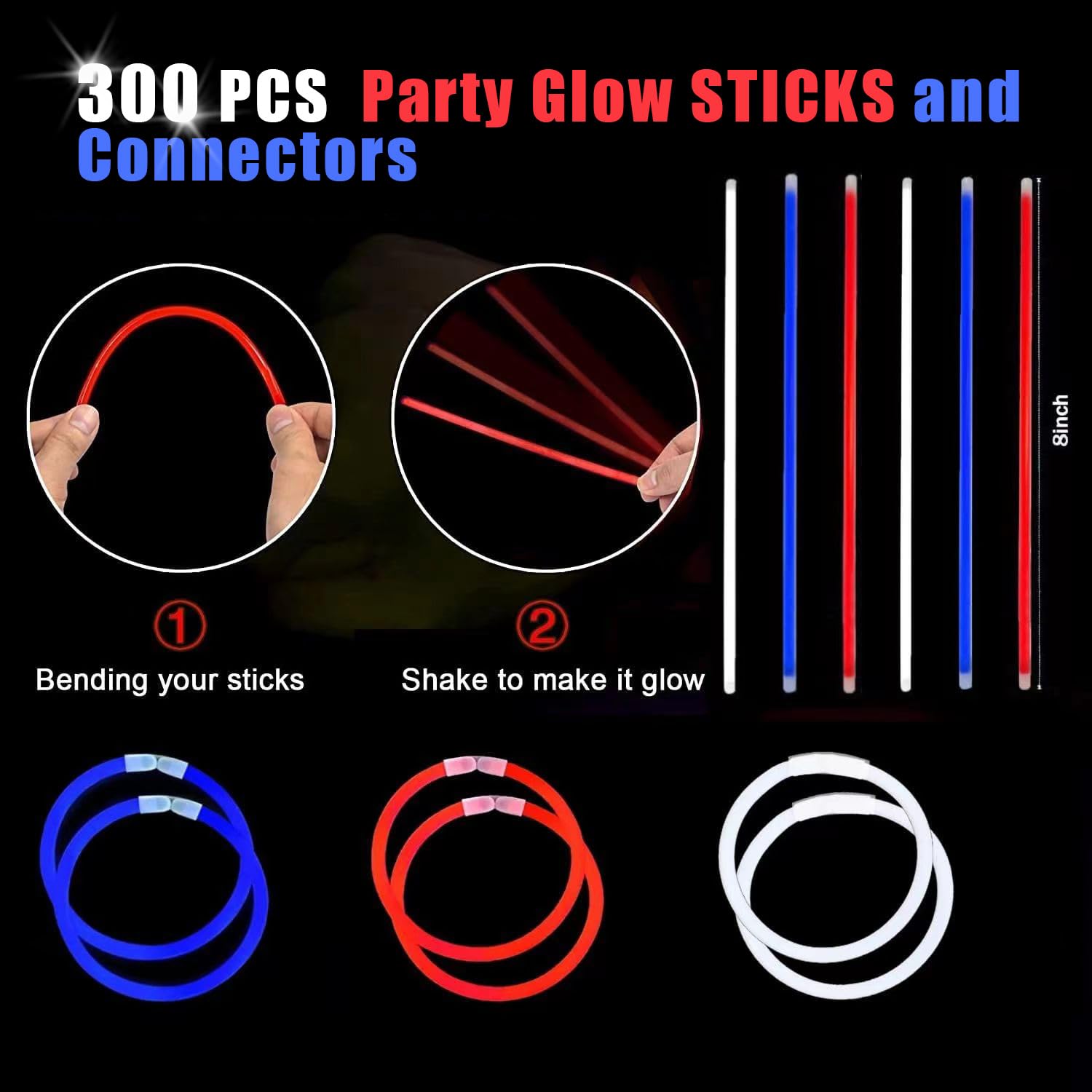 300 pulseras y collares brillantes a granel con 150 conectores, varillas luminosas de 8 pulgadas, recuerdos de fiesta de neón para el 4 de julio, Halloween, boda, cumpleaños, carnaval Hawii