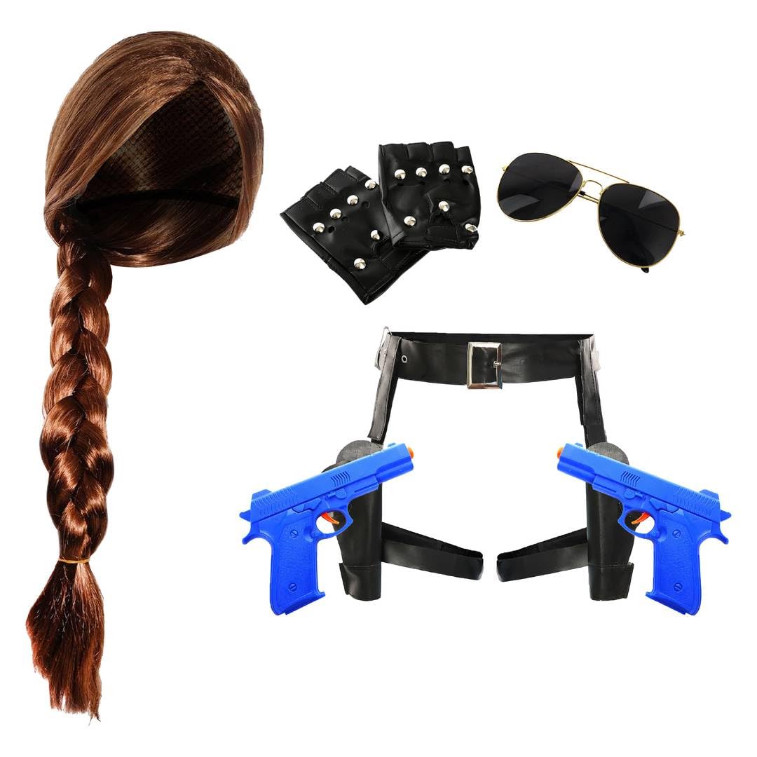 Adults Temple Raider Accessory Set - Brown Plait Wig, Black Gun Holster with Blue Guns, Studded Fingerless Gloves, Sunglasses - Ladies Womens TV Film Halloween Fancy Dress Costume