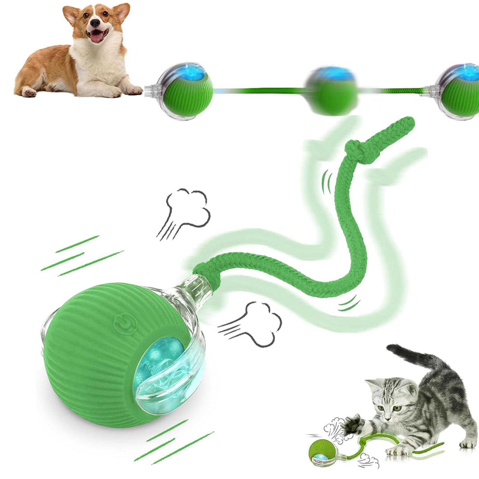 CelestiMingle Interactive Cat Dog Ball Toy – 360° Smart Rolling Pet Ball with Tail, USB Rechargeable Self-Moving Dog Ball, Automatic Electric Toy for Indoor Cats & Dogs, Active Play & Chase(Green)