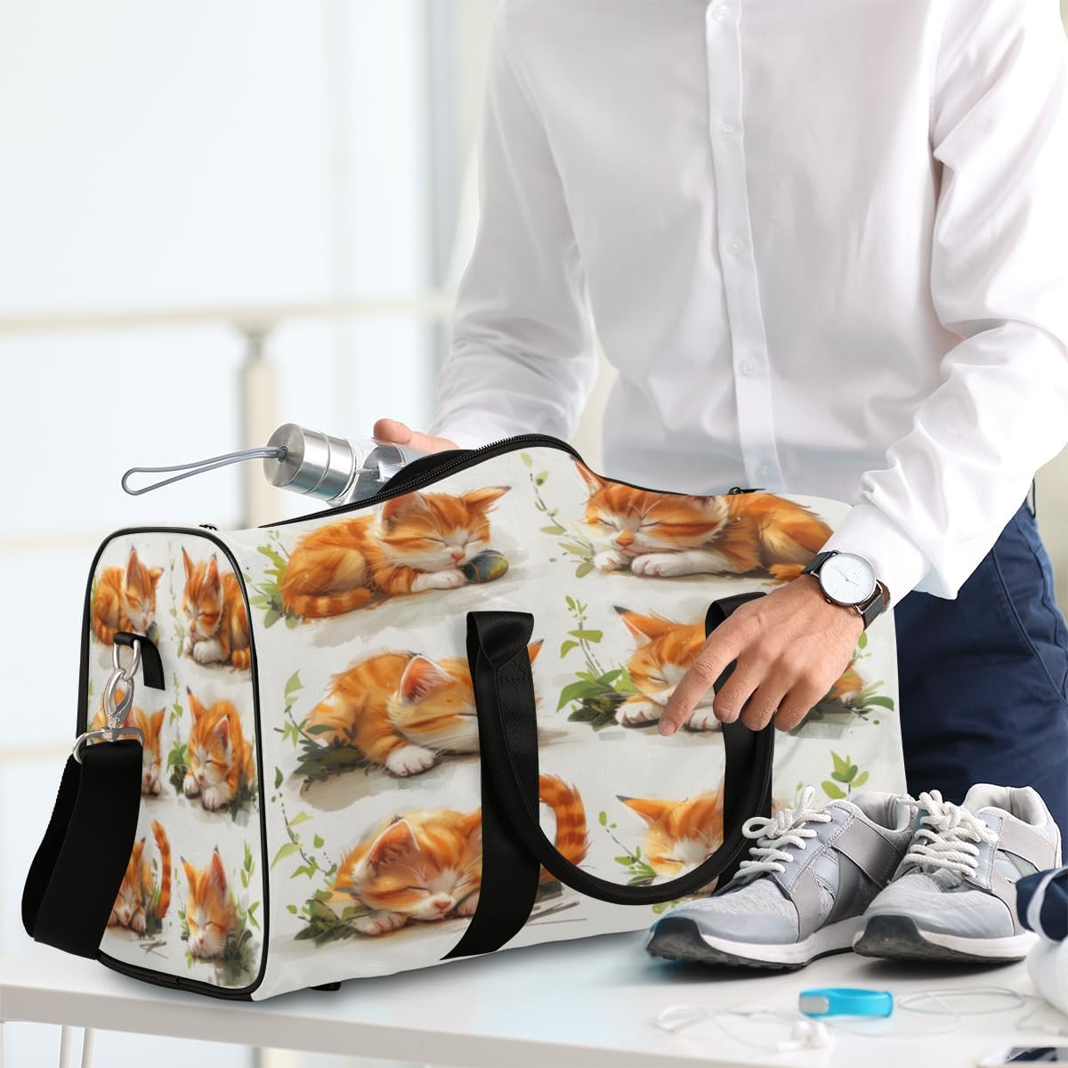 Cat Watercolor Leaves Travel Duffel Bag for Women Men Large Capacity Overnight Weekender Bags for Lightweight Waterproof Sport Gym Bag for Workout Yoga Swim