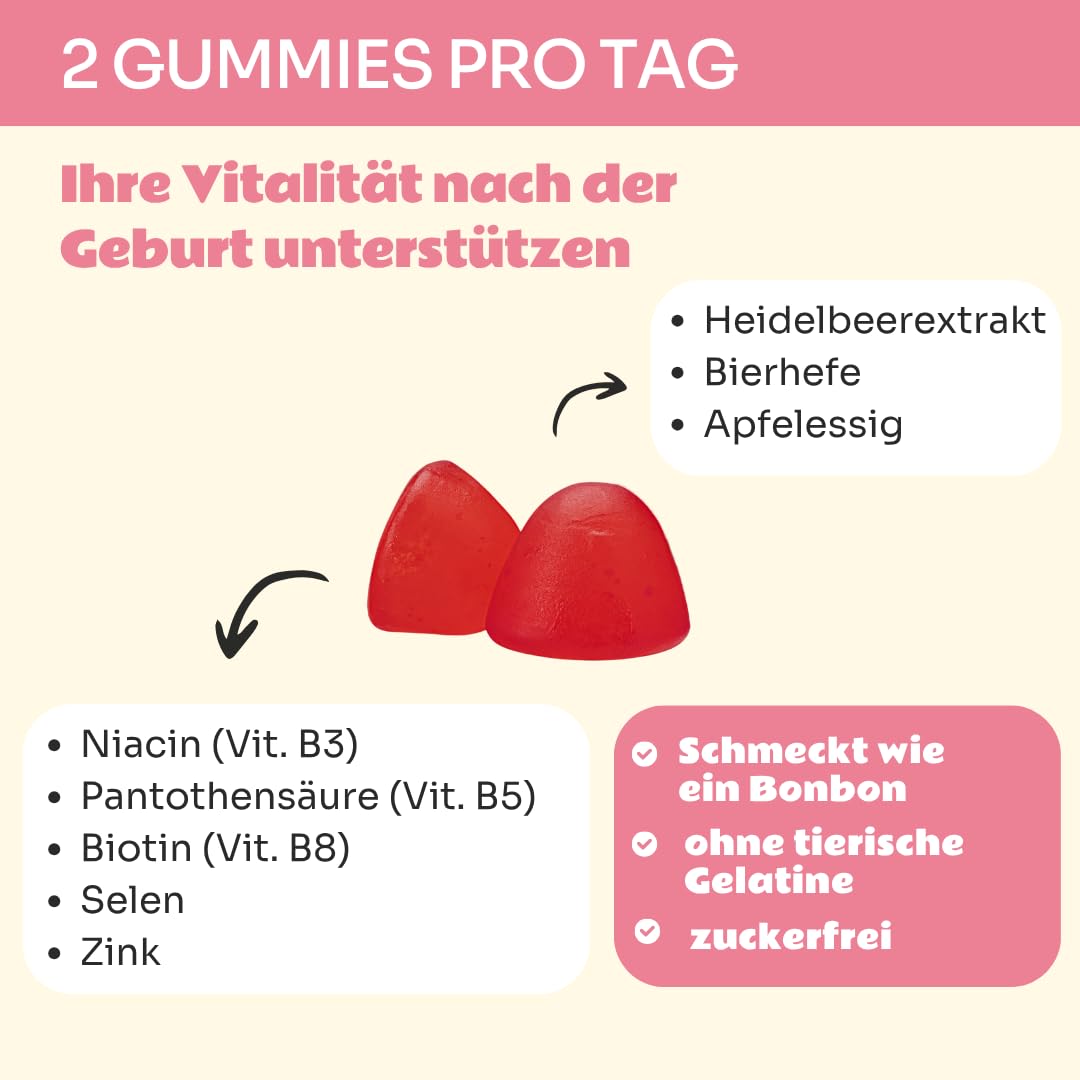 Wochenbett, Postnatal, Nahrungsergänzungsmittel nach der Geburt, Wachstum und Stärkung der Haare | Regeneration der Haut | 60 Gummies