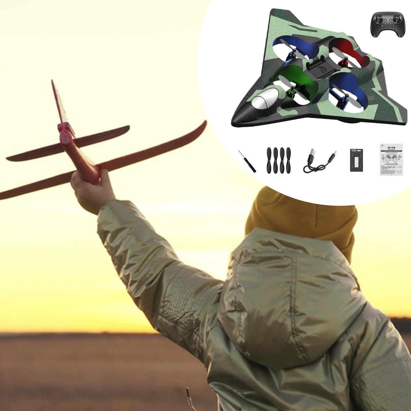 Avión Teledirigido con Función de aéreas Planeador RC de Fija Modelo de Recargable y Resistente de Espuma EVA, Batería única Verde