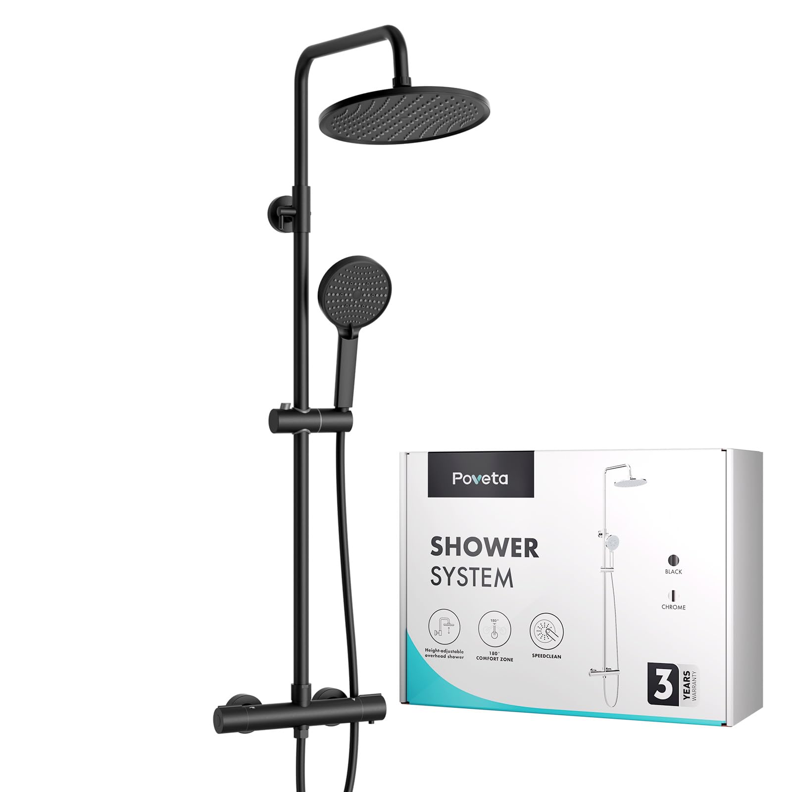 Duschsystem mit Thermostat Schwarz, Duscharmatur Komplettset | 25cm Rund Regendusche Duschkopf, Handbrause mit 3 Strahlarten, 100-120cm Höhenverstellbar, Regendusche mit Armatur, Duschset