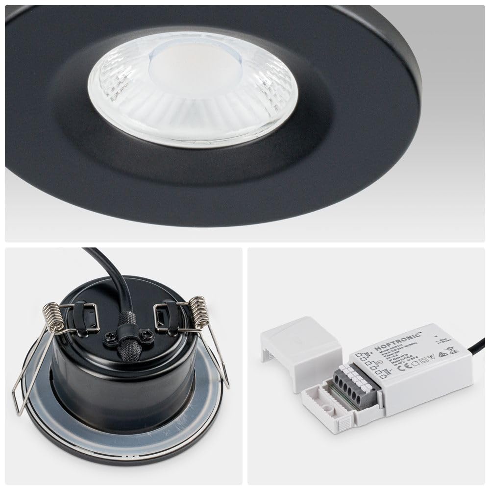 HOFTRONIC 10er Venezia - LED Einbaustrahler Flach 68mm Schwarz - IP65 Wasserdicht, Spots Badezimmer, Küche und Wohnzimmer - 2700K Extra Warmweiß - Einbautiefe 45mm