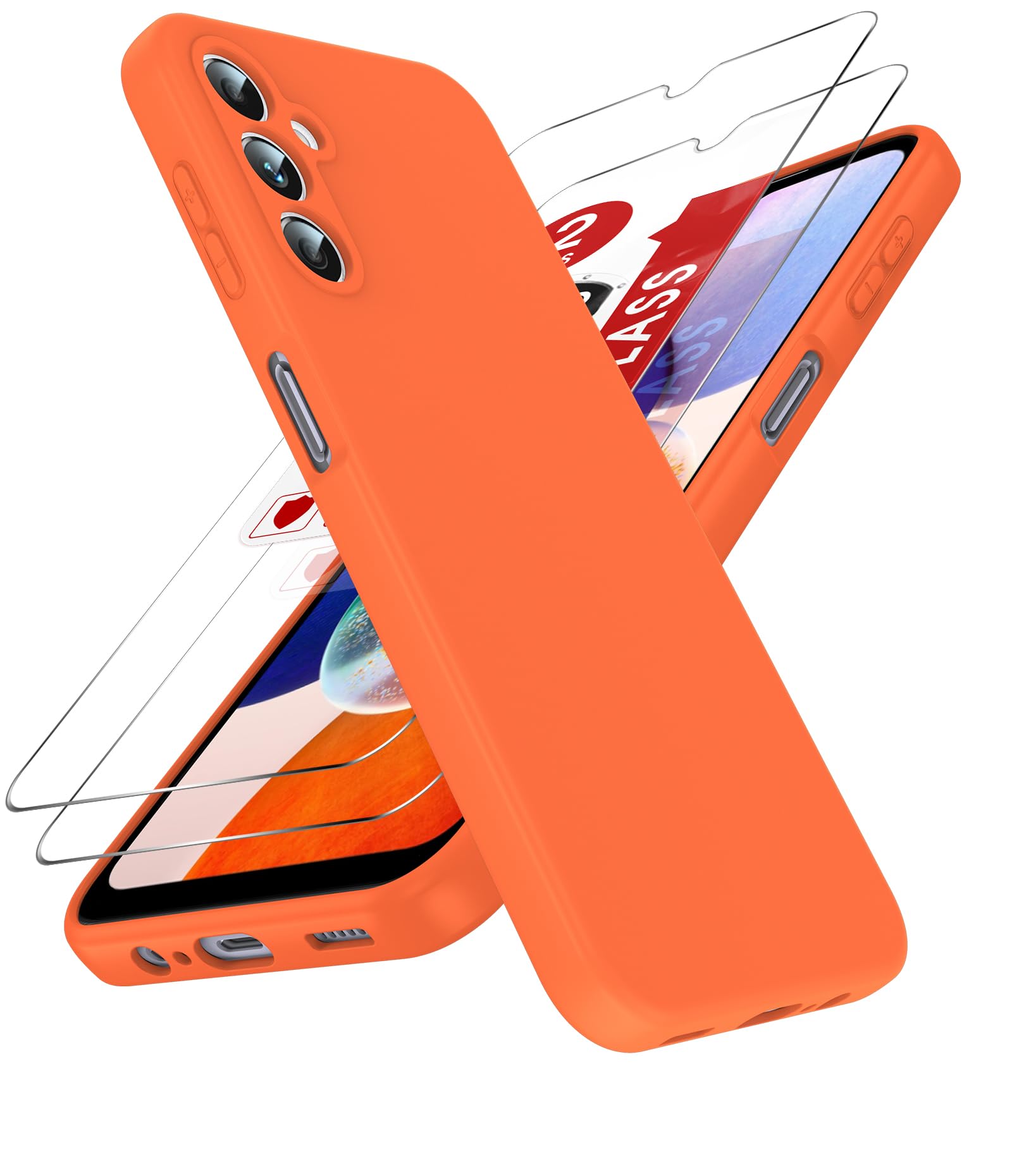 LeYi Galaxy A14 5G Case, Liquid Silicone Slim Cover with 2 Tempered Glass Screen Protectors, Orange