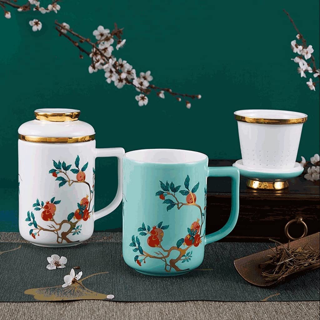 Filiżanka do Kawy Kubek Do Kawy W Stylu Chińskim Z Pokrywką Z Filtrem, Duży 400 ML Kubek Do Herbaty Z Porcelany Kostnej, Kubek Wielofunkcyjny Kubek Do Napojów Filiżanki do Herbaty Kubek (Color : C)